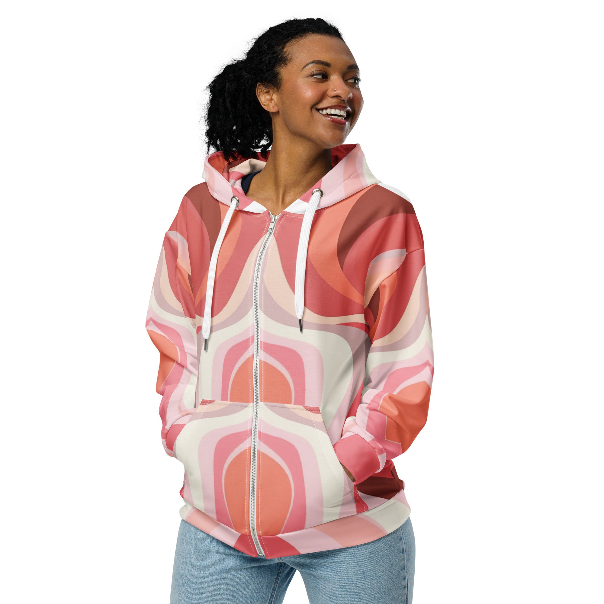 Womens Graphic Zip Hoodie in Pink and White featuring a boho swirl design, showcasing its soft fabric and relaxed fit.