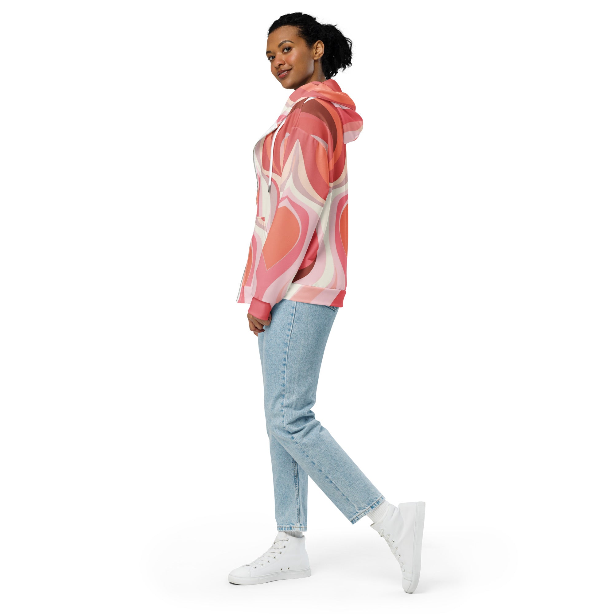 Womens Graphic Zip Hoodie in Pink and White featuring a boho swirl design, showcasing its soft fabric and relaxed fit.