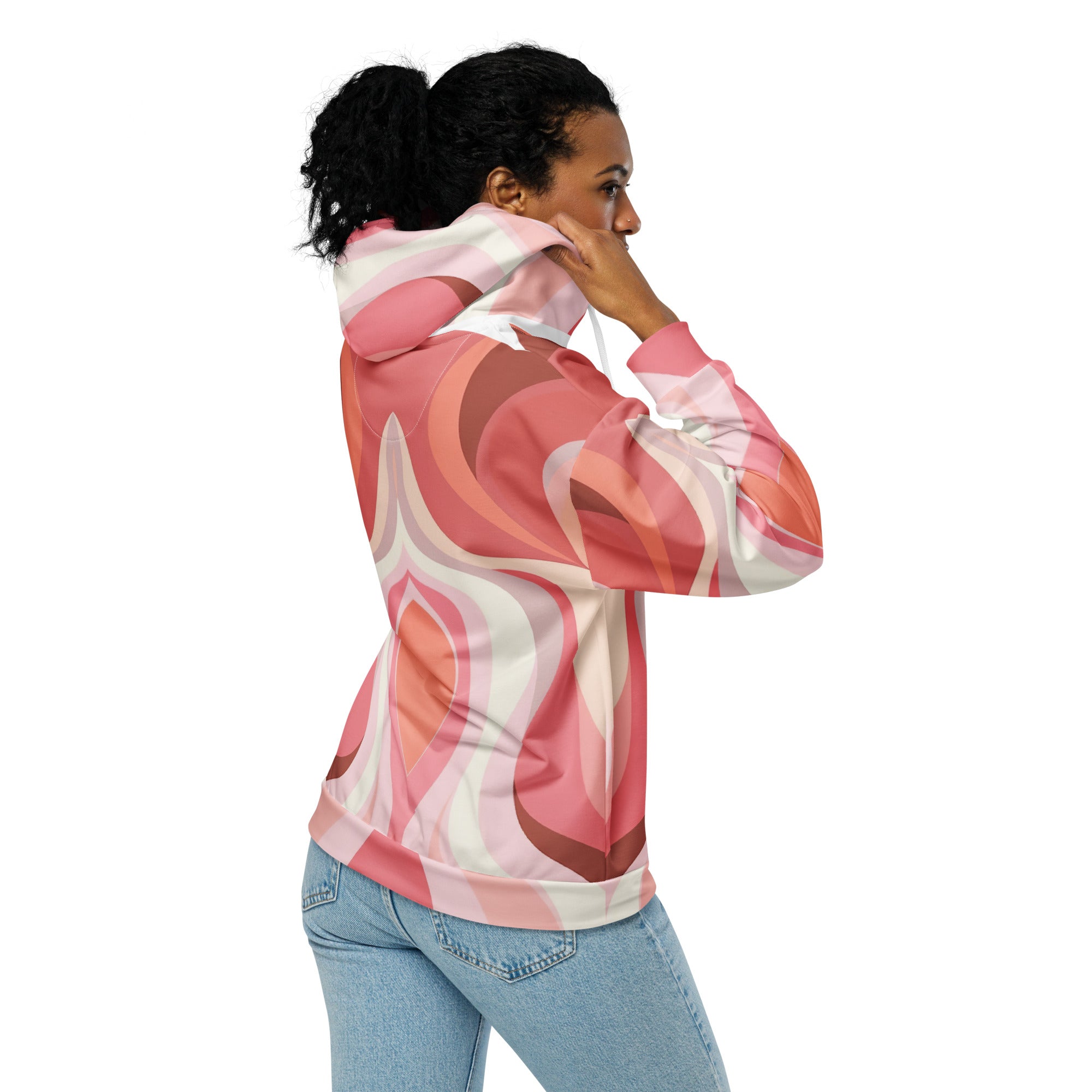 Womens Graphic Zip Hoodie in Pink and White featuring a boho swirl design, showcasing its soft fabric and relaxed fit.