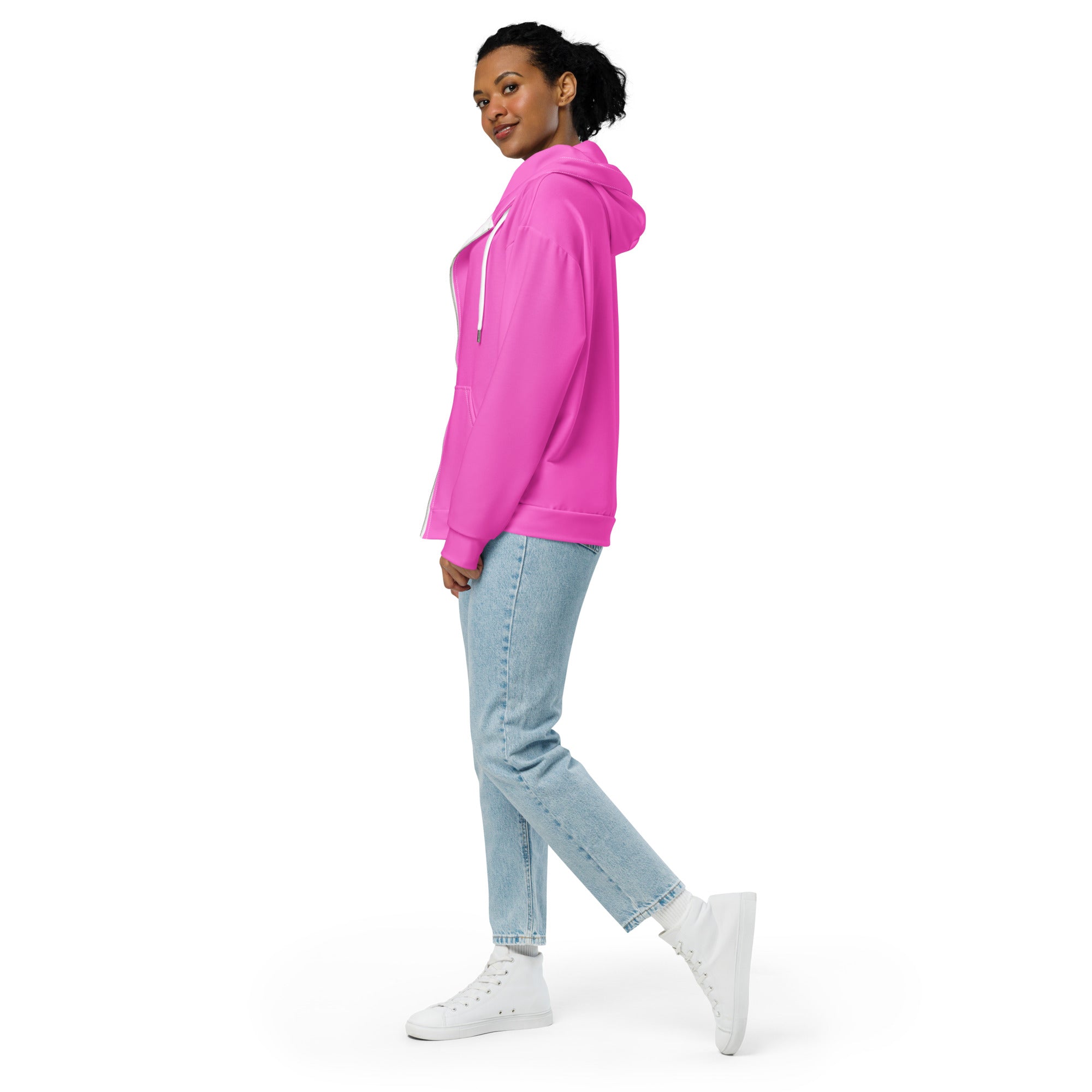 Womens Graphic Zip Hoodie in Pink with mauve pattern, featuring a relaxed fit and double-lined hood.