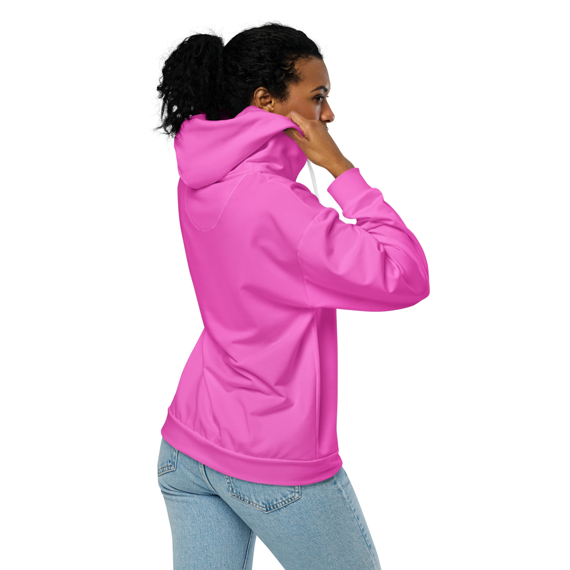 Womens Graphic Zip Hoodie in Pink with mauve pattern, featuring a relaxed fit and double-lined hood.