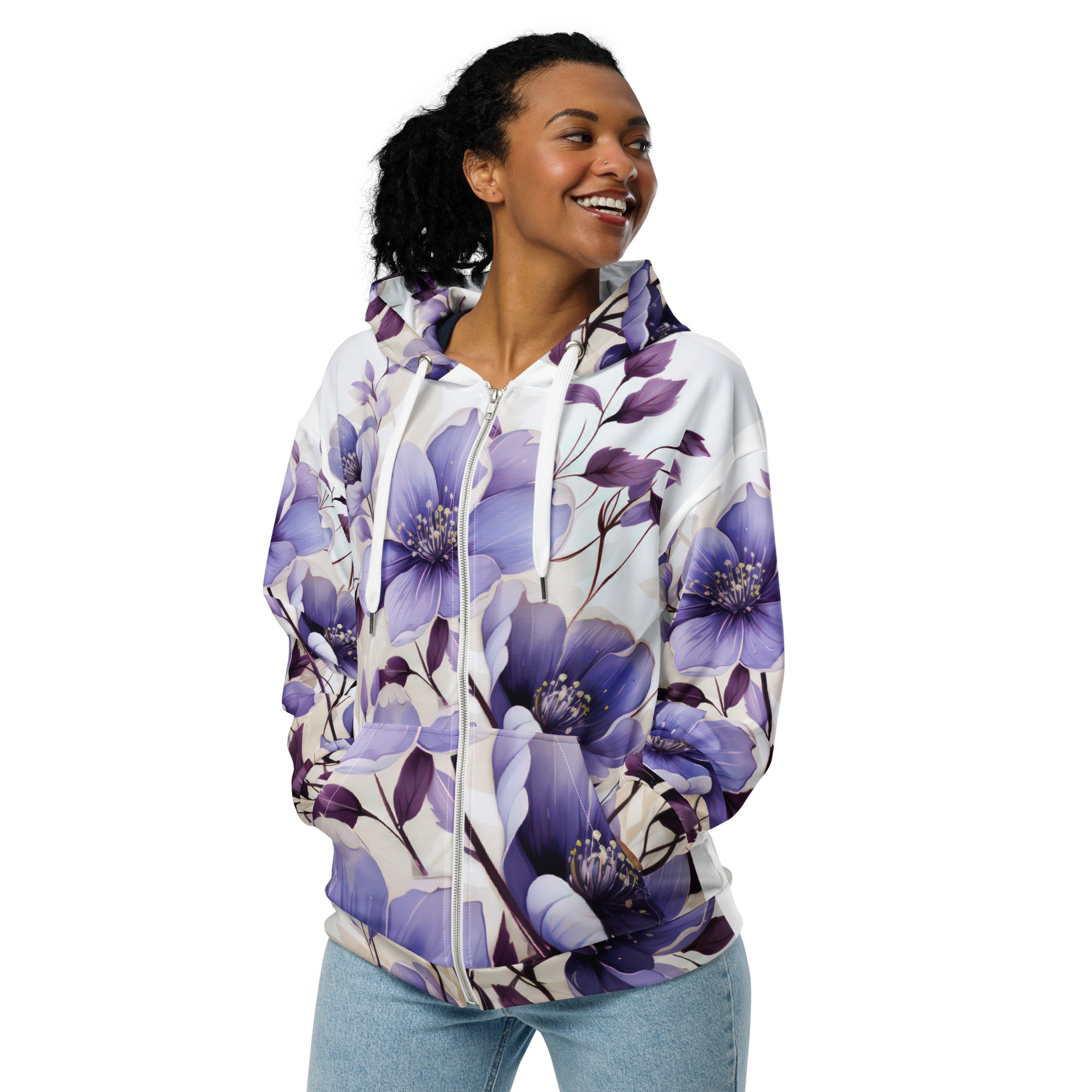 Womens Graphic Zip Hoodie in Purple with Botanical Blooms design, featuring a relaxed fit and double-lined hood.