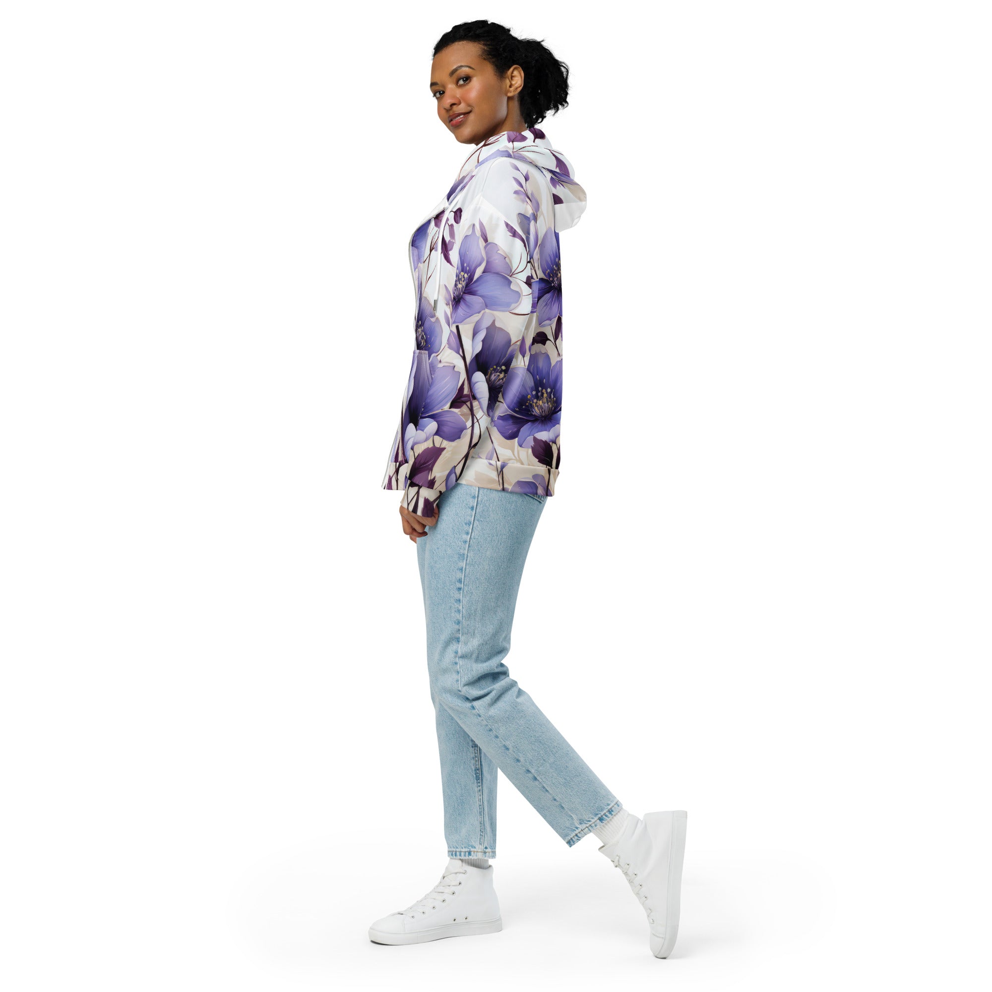 Womens Graphic Zip Hoodie in Purple with Botanical Blooms design, featuring a relaxed fit and double-lined hood.