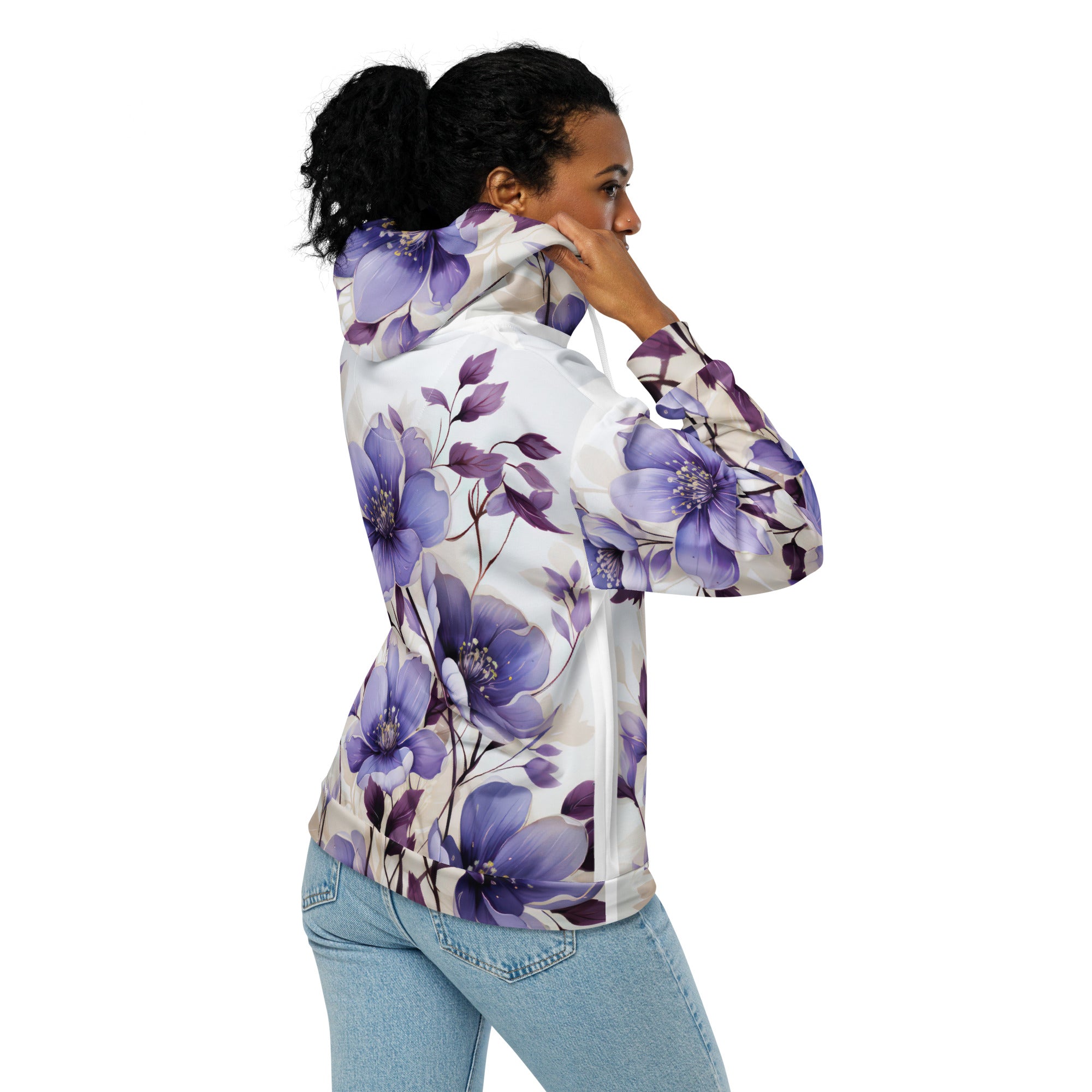 Womens Graphic Zip Hoodie in Purple with Botanical Blooms design, featuring a relaxed fit and double-lined hood.