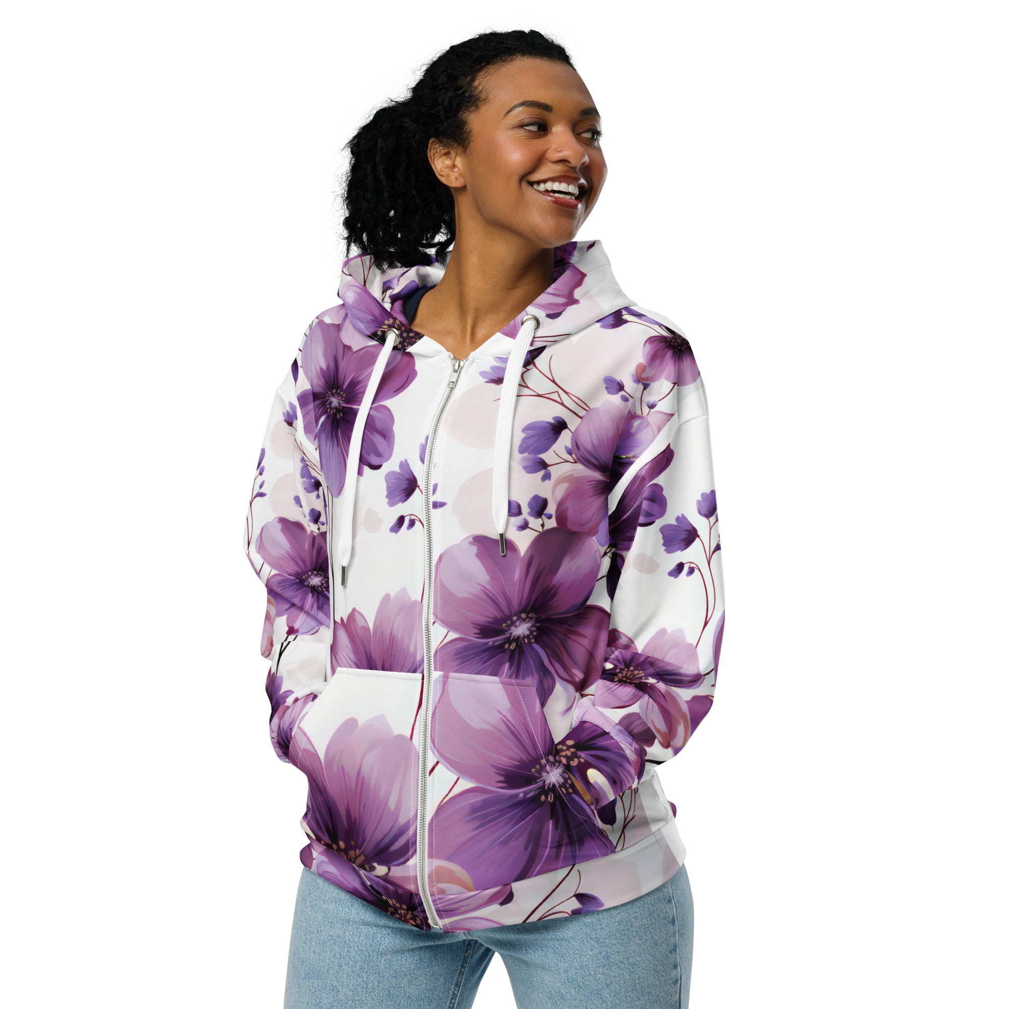 Womens Graphic Zip Hoodie in Purple with Botanical Blooms design, featuring a relaxed fit and double-lined hood.