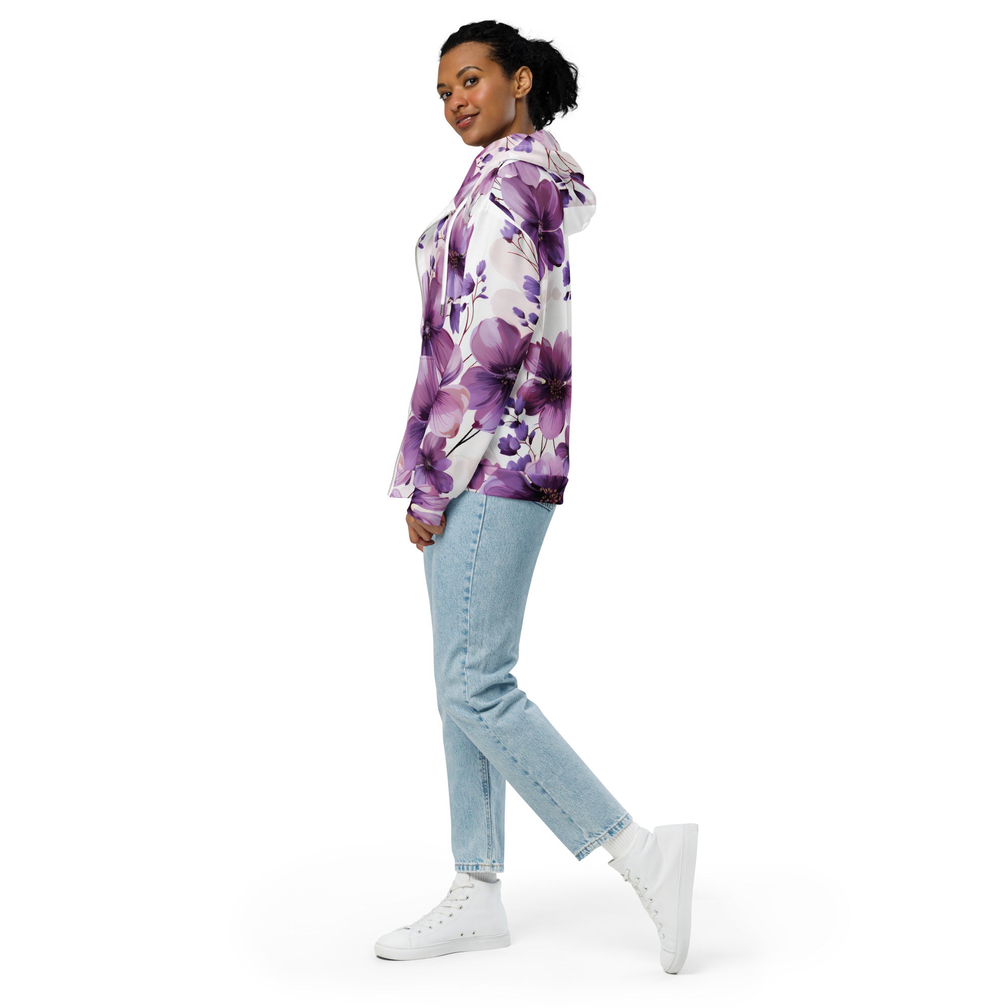 Womens Graphic Zip Hoodie in Purple with Botanical Blooms design, featuring a relaxed fit and double-lined hood.