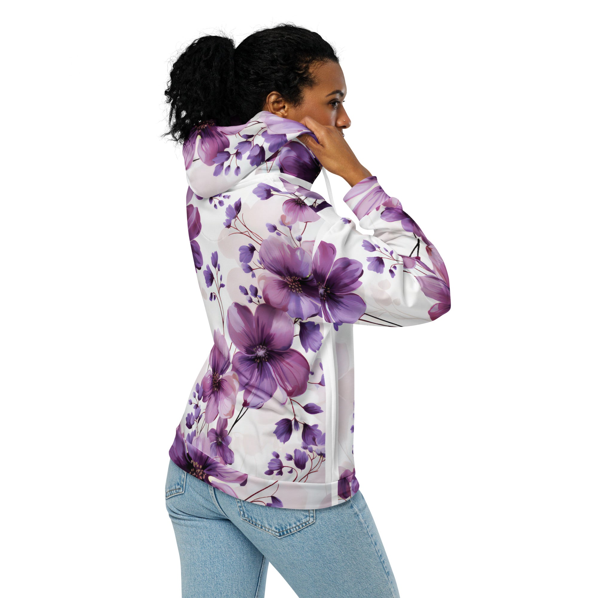 Womens Graphic Zip Hoodie in Purple with Botanical Blooms design, featuring a relaxed fit and double-lined hood.