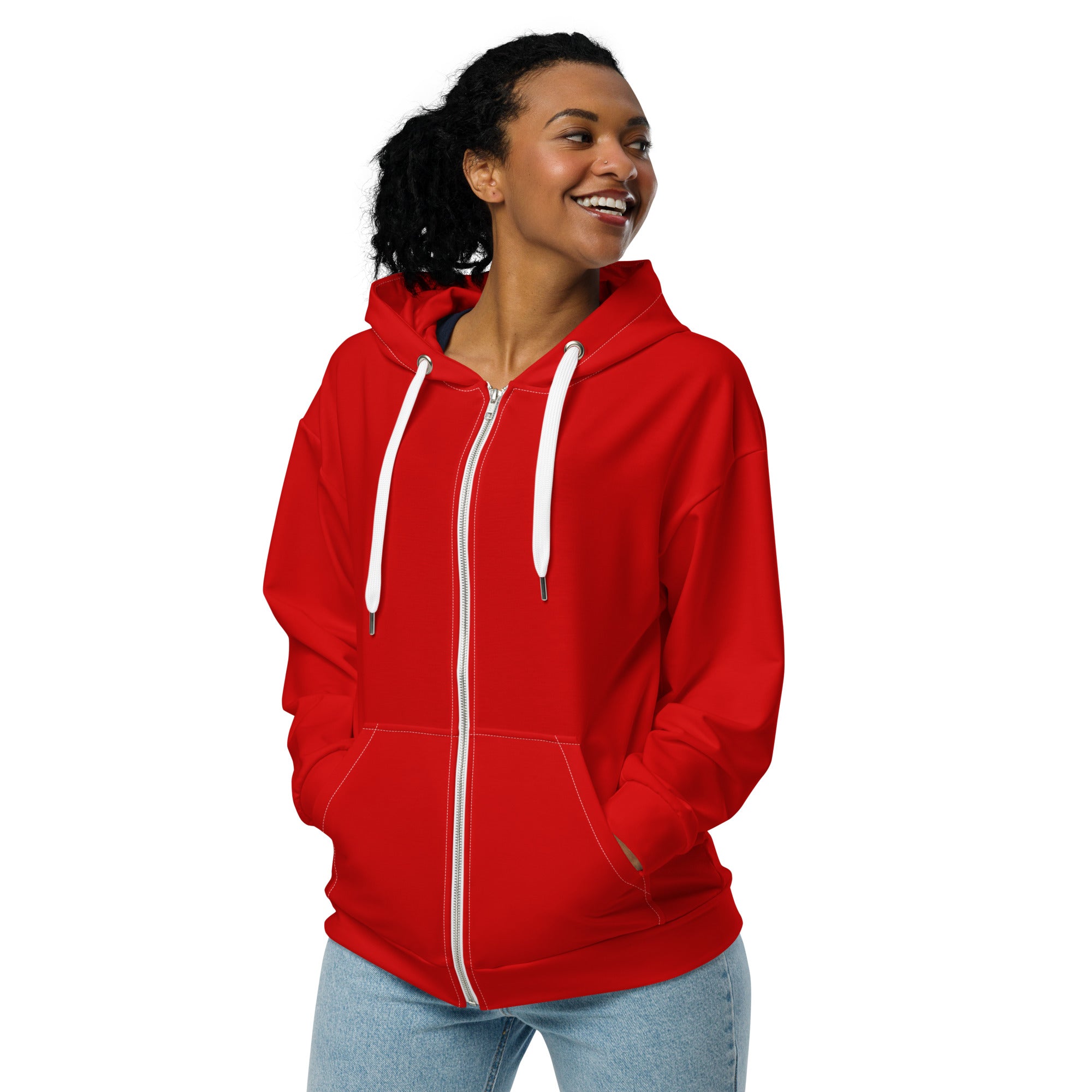 Womens Graphic Zip Hoodie in Red featuring a soft fabric, double-lined hood, and stylish design with a moon patch.