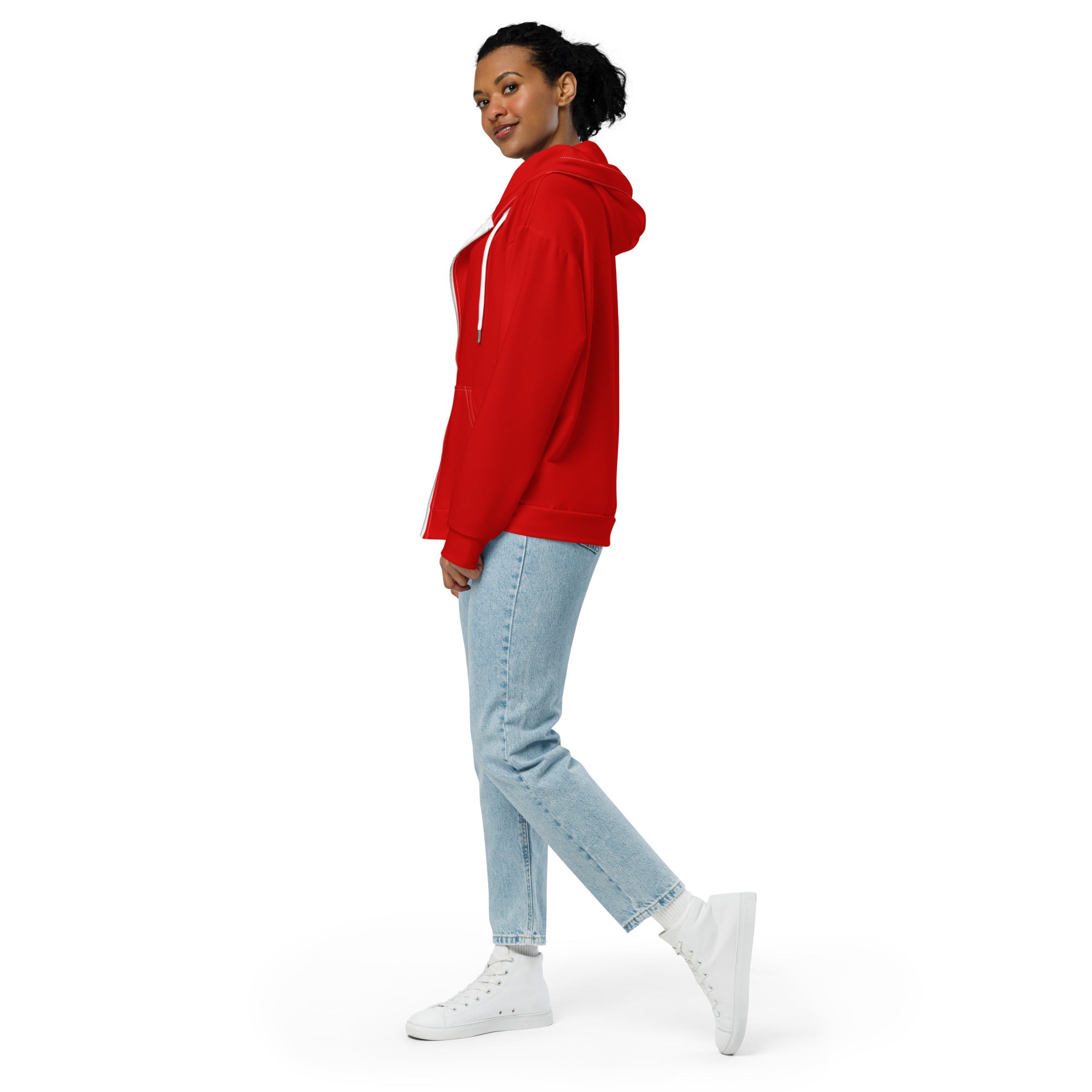 Womens Graphic Zip Hoodie in Red featuring a soft fabric, double-lined hood, and stylish design with a moon patch.