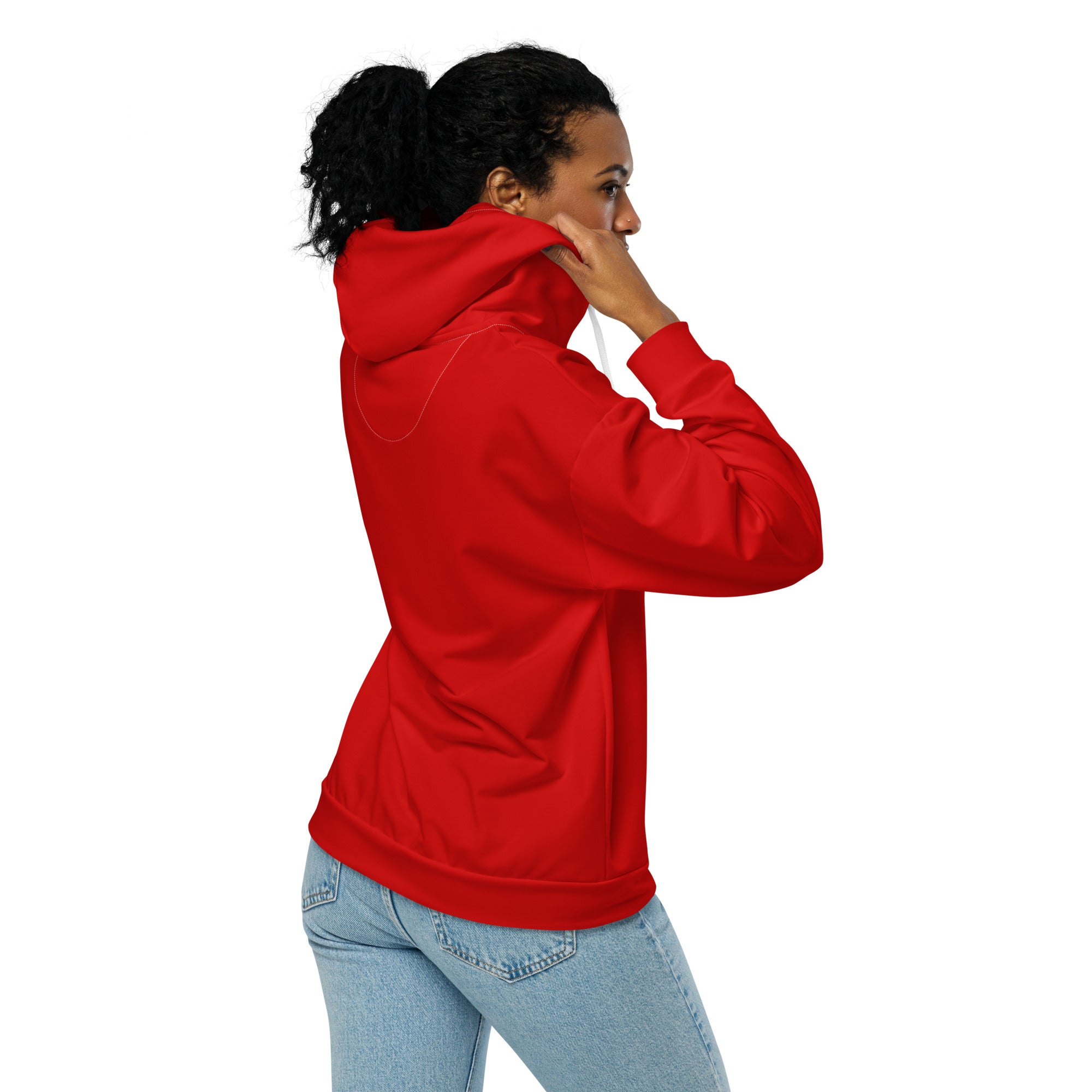 Womens Graphic Zip Hoodie in Red featuring a soft fabric, double-lined hood, and stylish design with a moon patch.