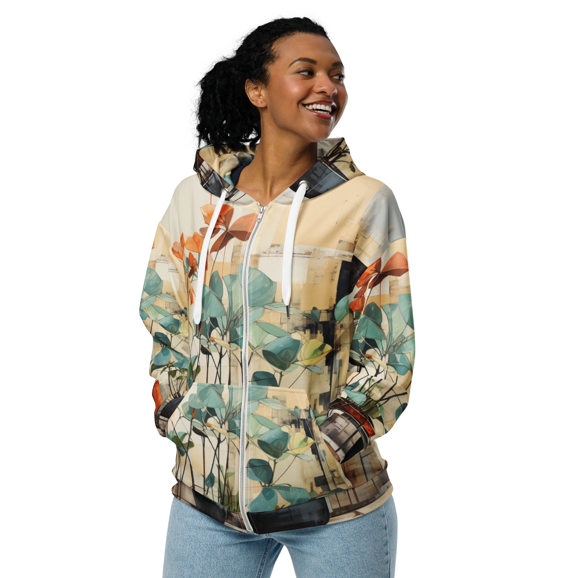 Womens Graphic Zip Hoodie showcasing rustic botanical plants design, featuring a relaxed fit and cozy brushed fleece interior.