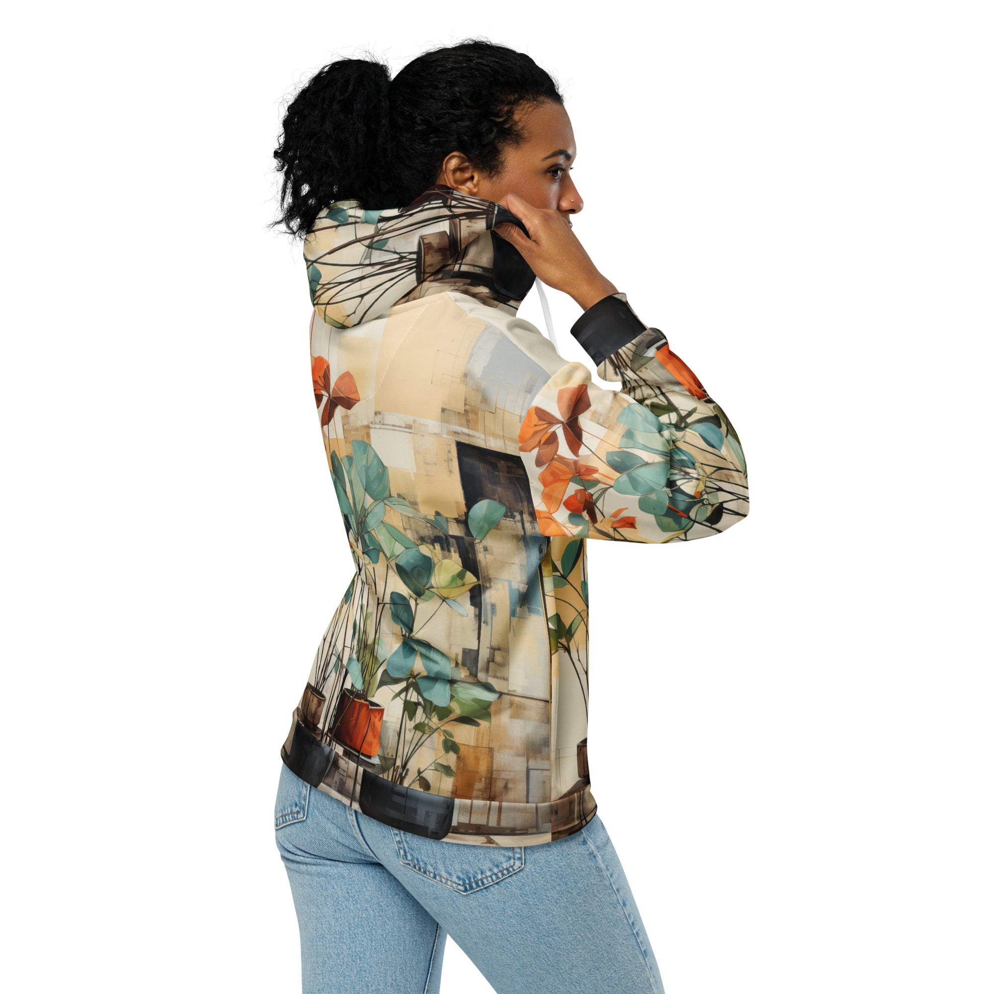 Womens Graphic Zip Hoodie showcasing rustic botanical plants design, featuring a relaxed fit and cozy brushed fleece interior.