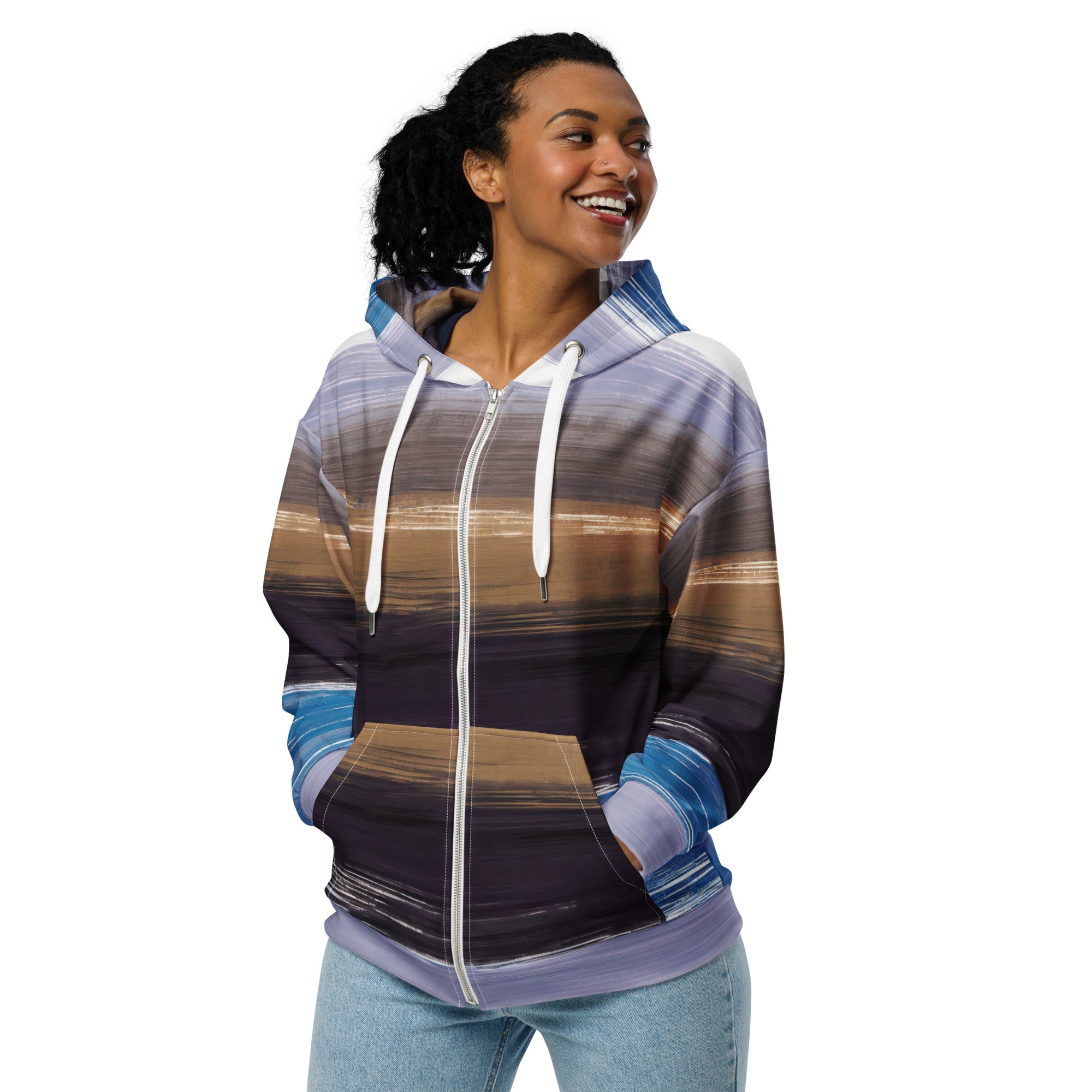 Womens Graphic Zip Hoodie in Rustic Purple Brown with a cozy brushed fleece lining and stylish details like a double-lined hood and metal zipper.