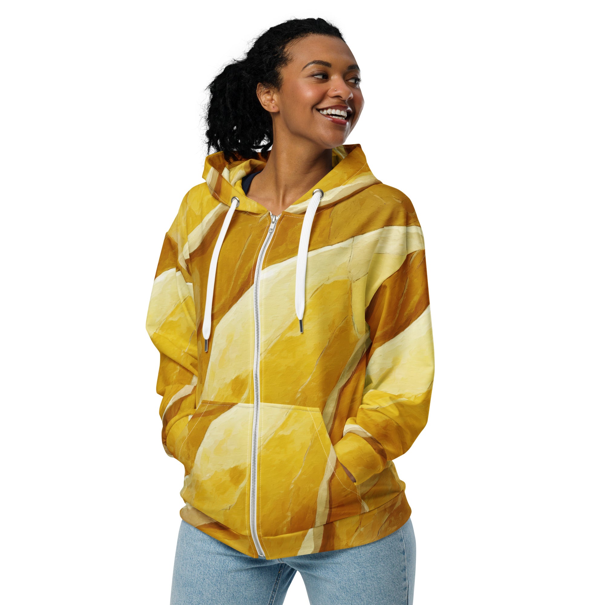 Womens Graphic Zip Hoodie featuring a rustic yellow stone print, showcasing a stylish design with a zipper and drawstrings.