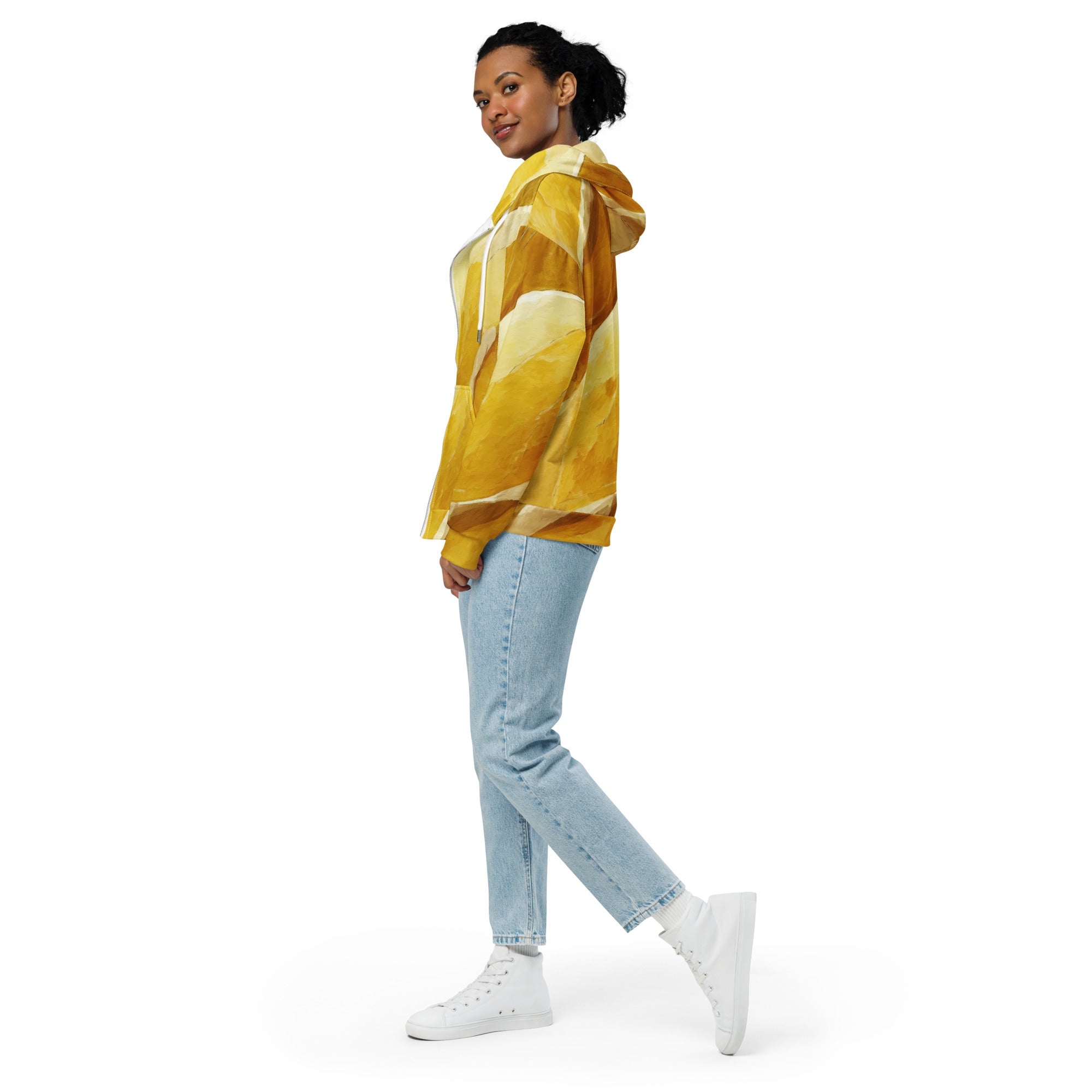 Womens Graphic Zip Hoodie featuring a rustic yellow stone print, showcasing a stylish design with a zipper and drawstrings.