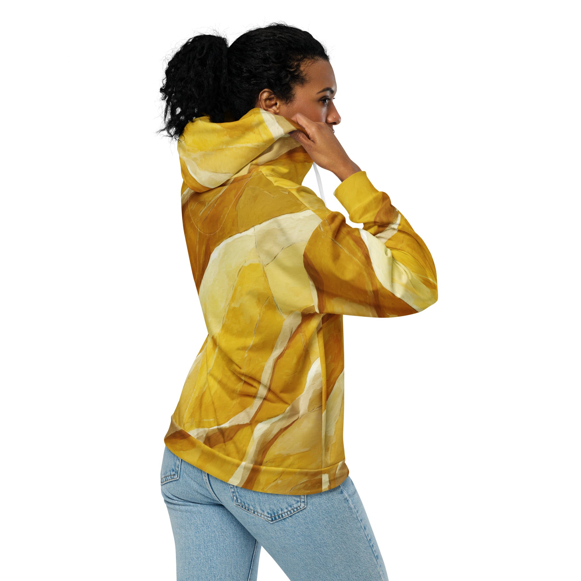 Womens Graphic Zip Hoodie featuring a rustic yellow stone print, showcasing a stylish design with a zipper and drawstrings.