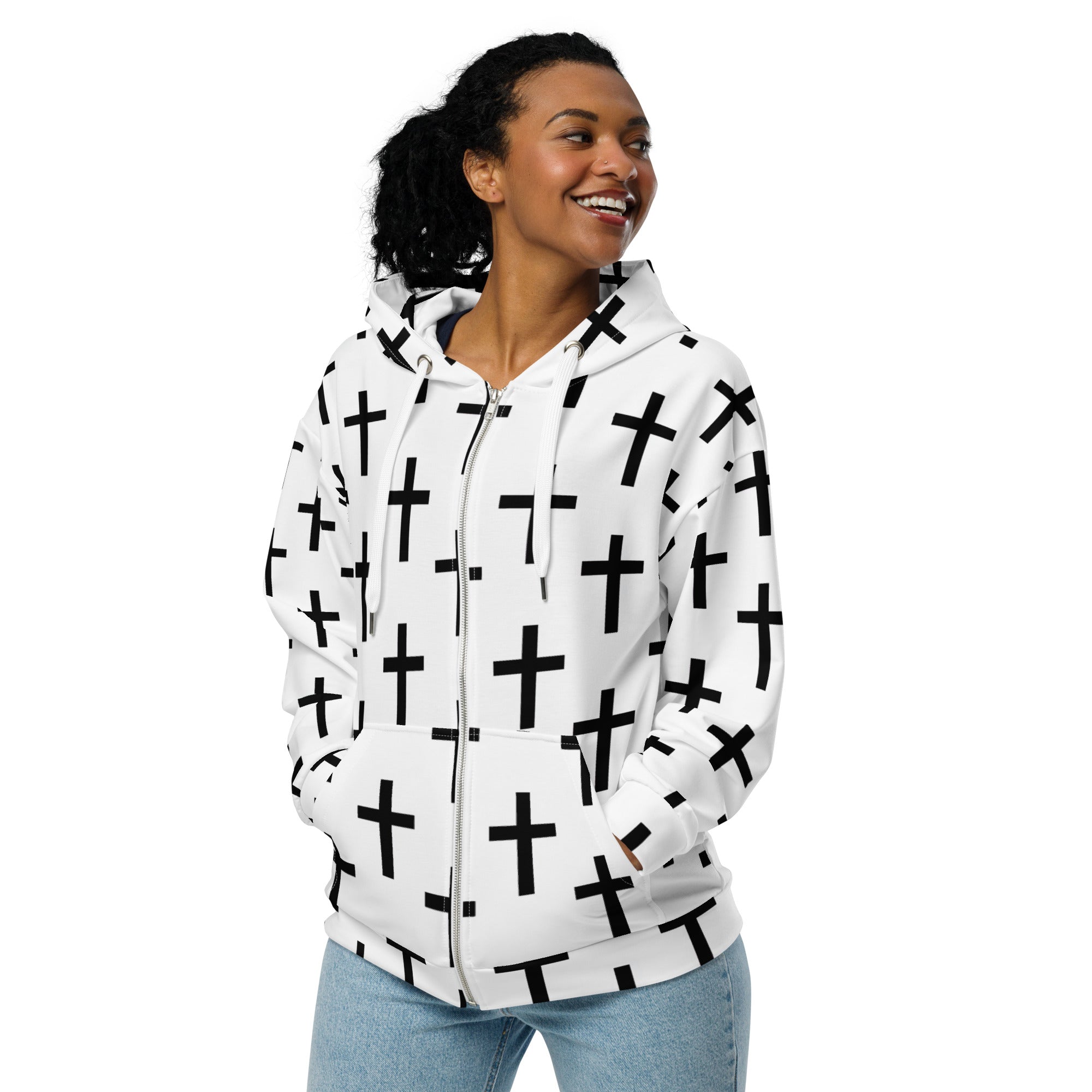 Womens Graphic Zip Hoodie featuring a white and black seamless cross print, showcasing a relaxed fit and double-lined hood.