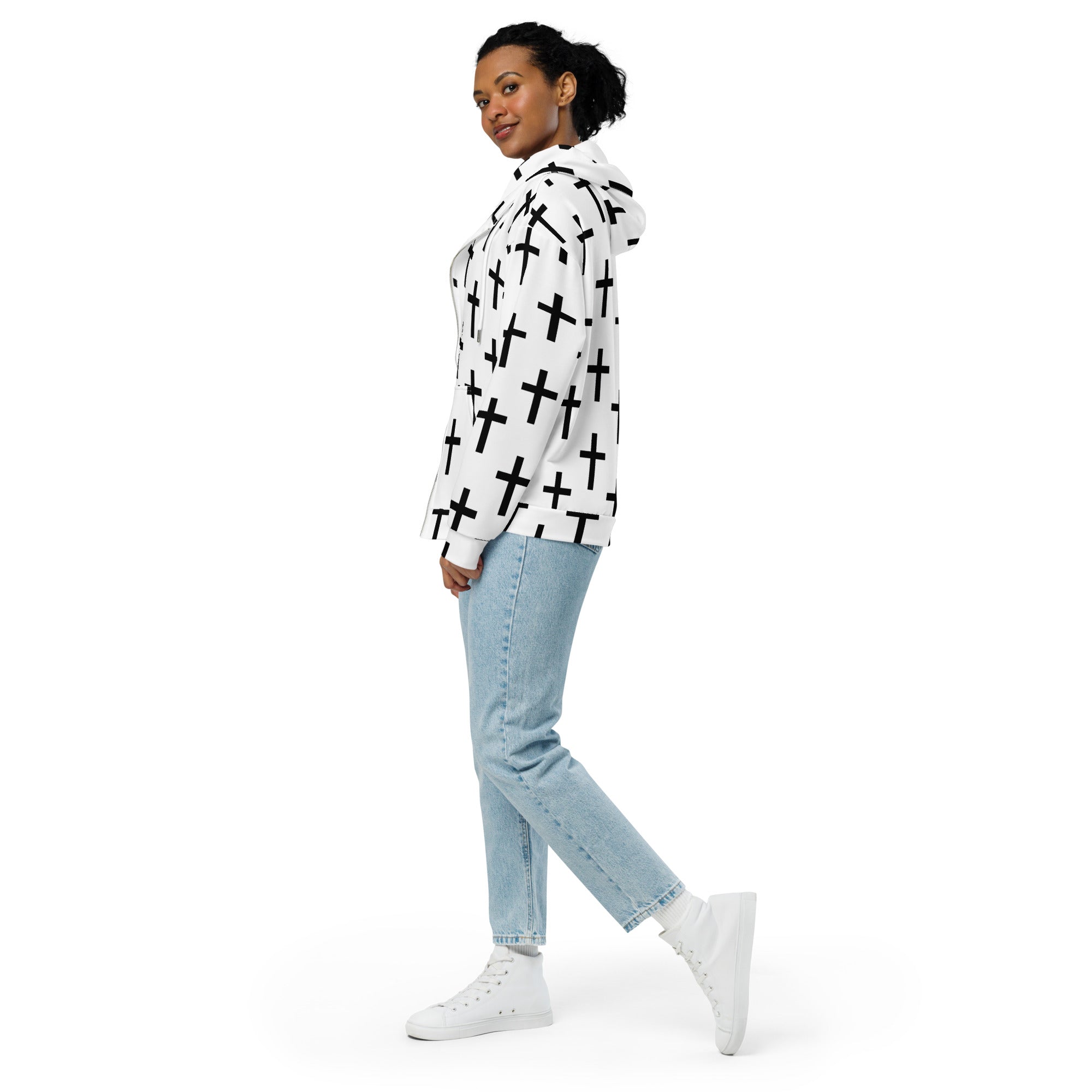 Womens Graphic Zip Hoodie featuring a white and black seamless cross print, showcasing a relaxed fit and double-lined hood.