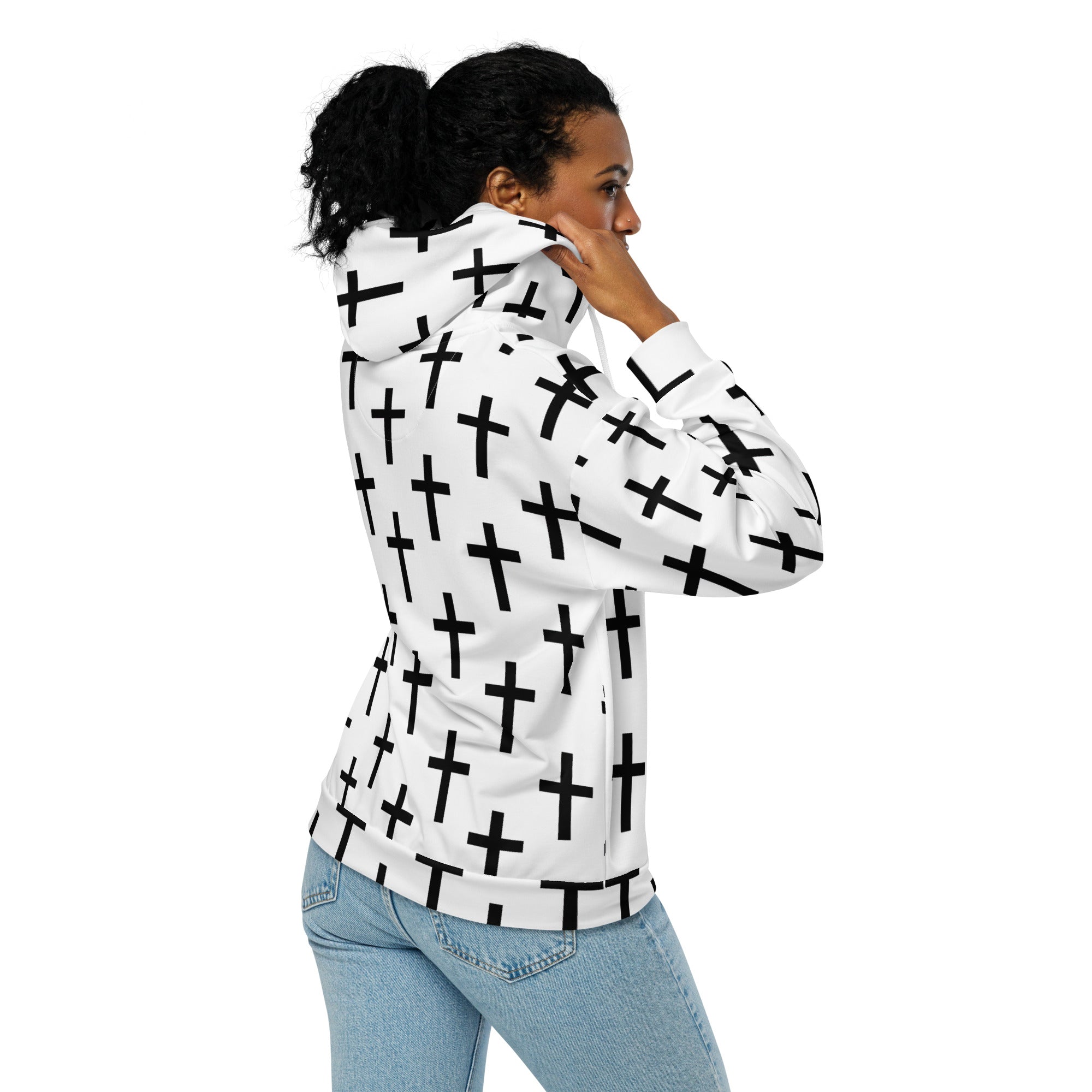 Womens Graphic Zip Hoodie featuring a white and black seamless cross print, showcasing a relaxed fit and double-lined hood.