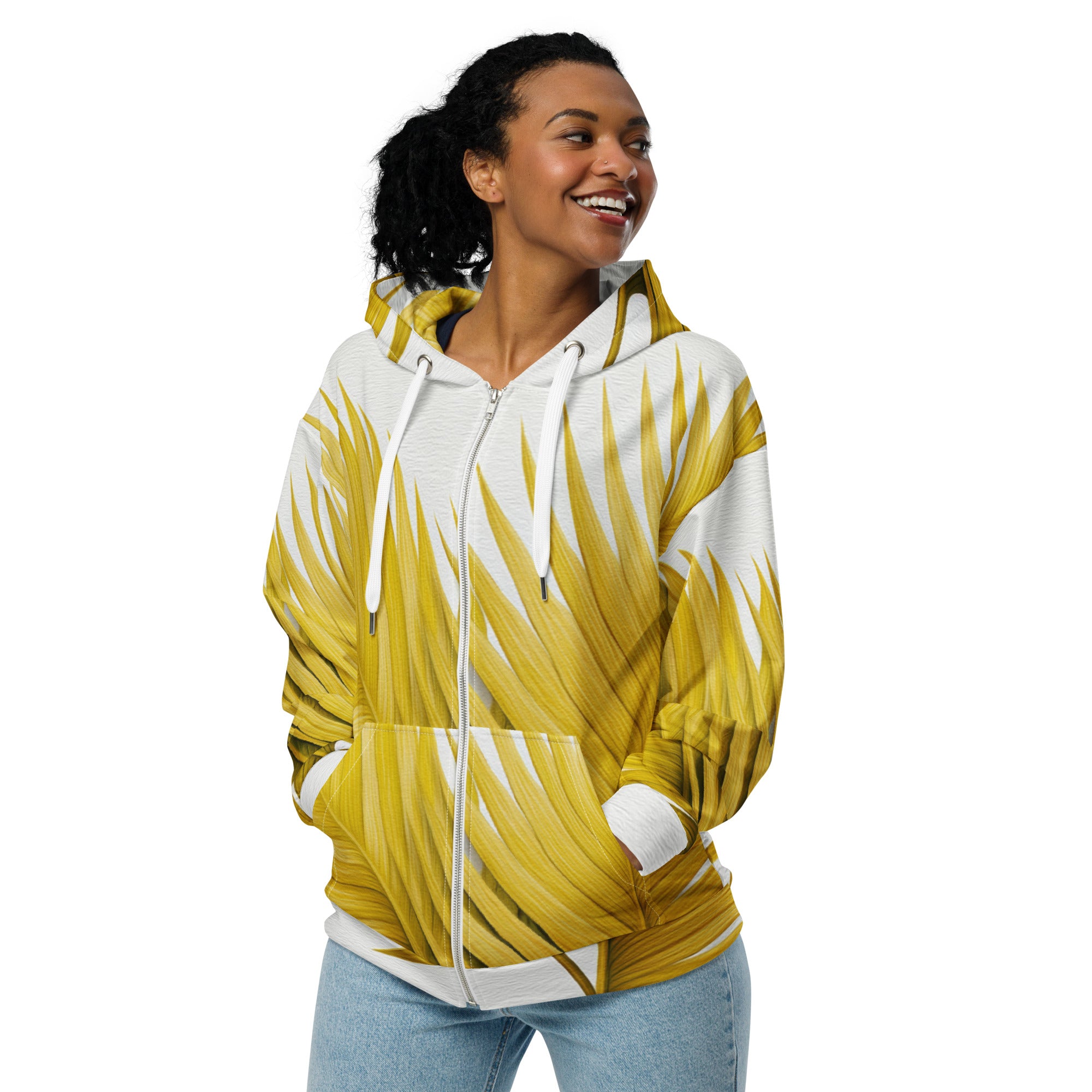 Womens Graphic Zip Hoodie featuring a vibrant yellow palm leaves design, showcasing its soft fabric and relaxed fit.