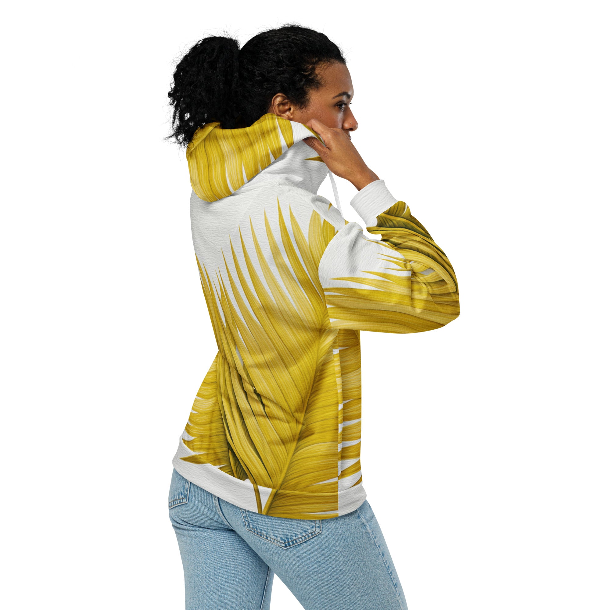 Womens Graphic Zip Hoodie featuring a vibrant yellow palm leaves design, showcasing its soft fabric and relaxed fit.