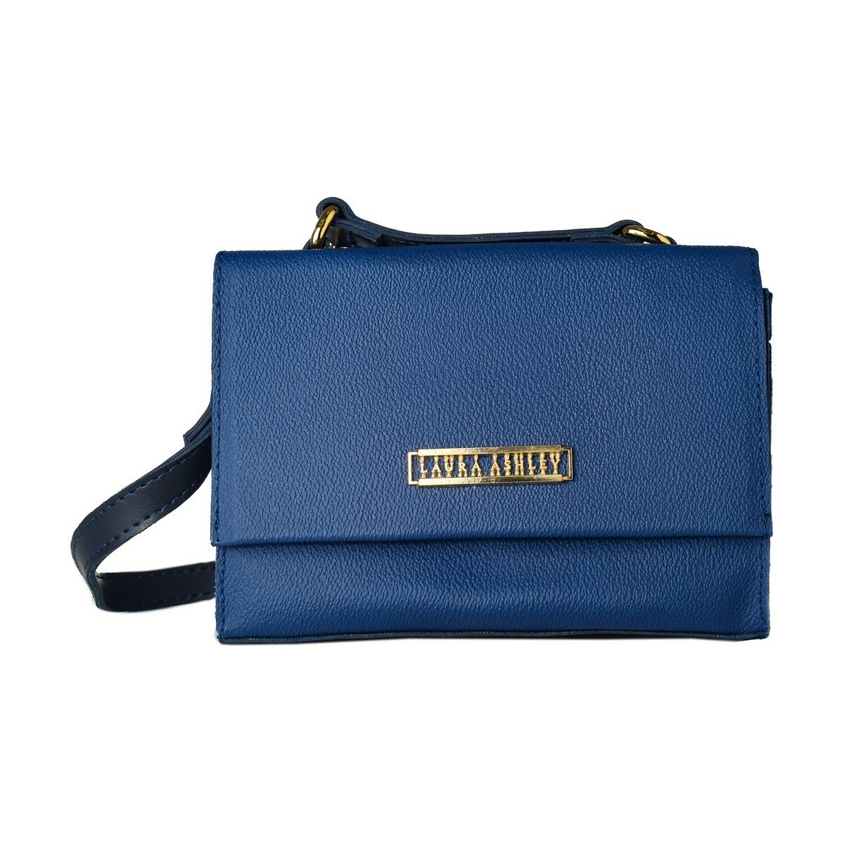 Blue leather handbag with strap.