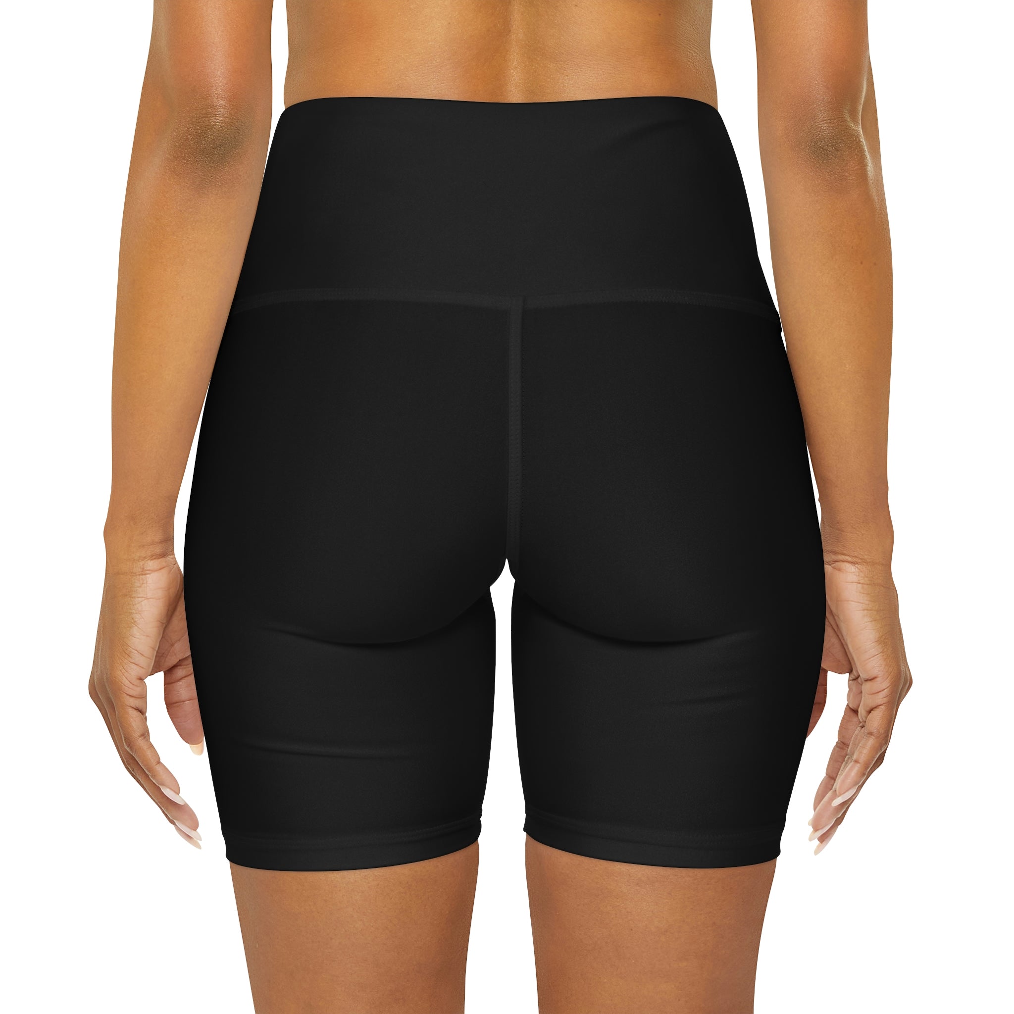 A pair of women's high waisted black yoga shorts with a wide waistband, showcasing a soft fabric ideal for workouts and casual wear.