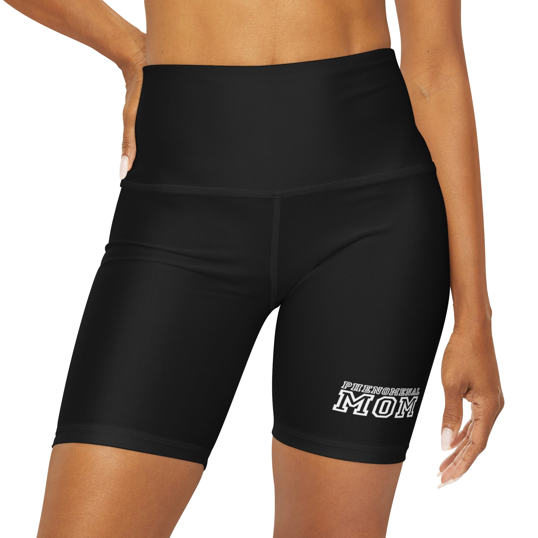 A pair of women's high waisted black yoga shorts featuring a wide double-layered waistband and soft fabric, perfect for workouts and casual wear.