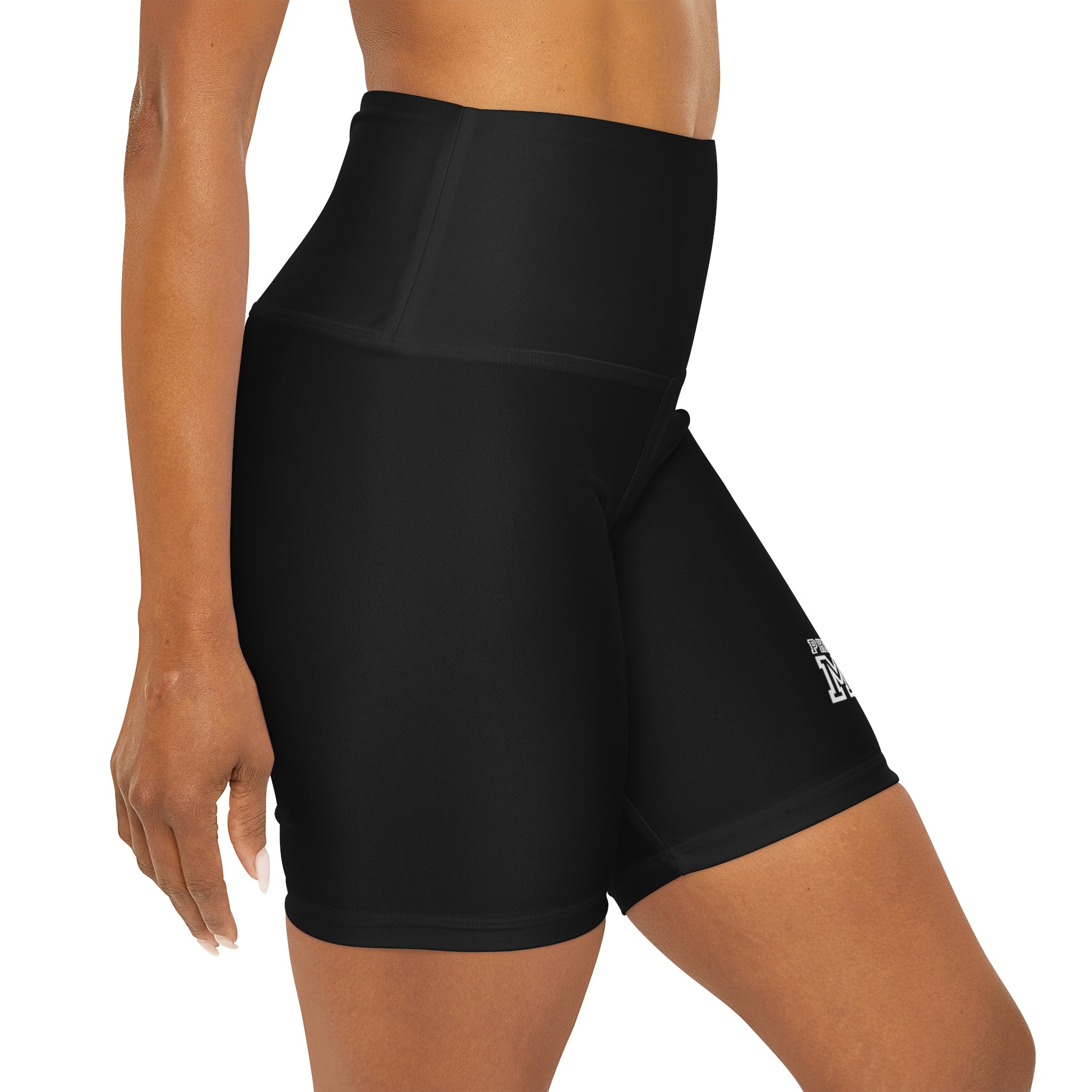 A pair of women's high waisted black yoga shorts featuring a wide double-layered waistband and soft fabric, perfect for workouts and casual wear.