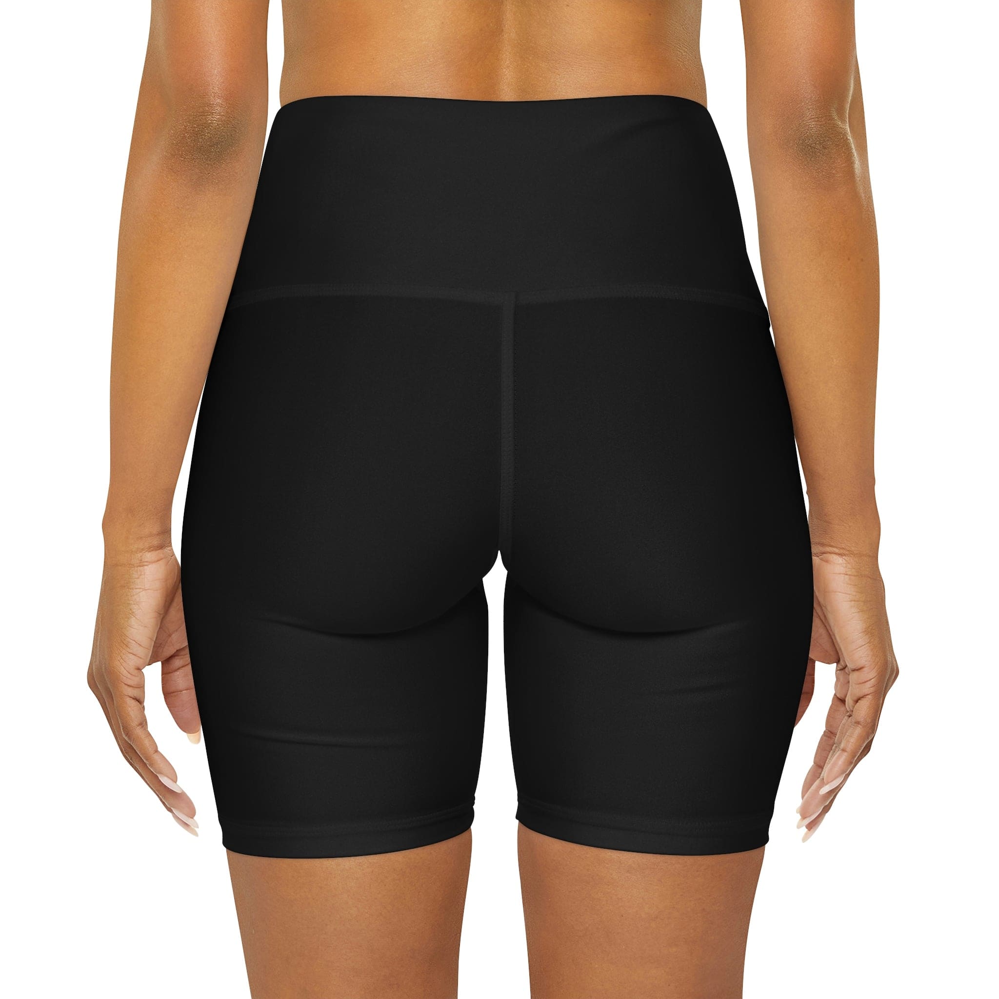 A pair of Women's High Waisted Black Yoga Shorts featuring a wide waistband and soft fabric, ideal for workouts and casual wear.