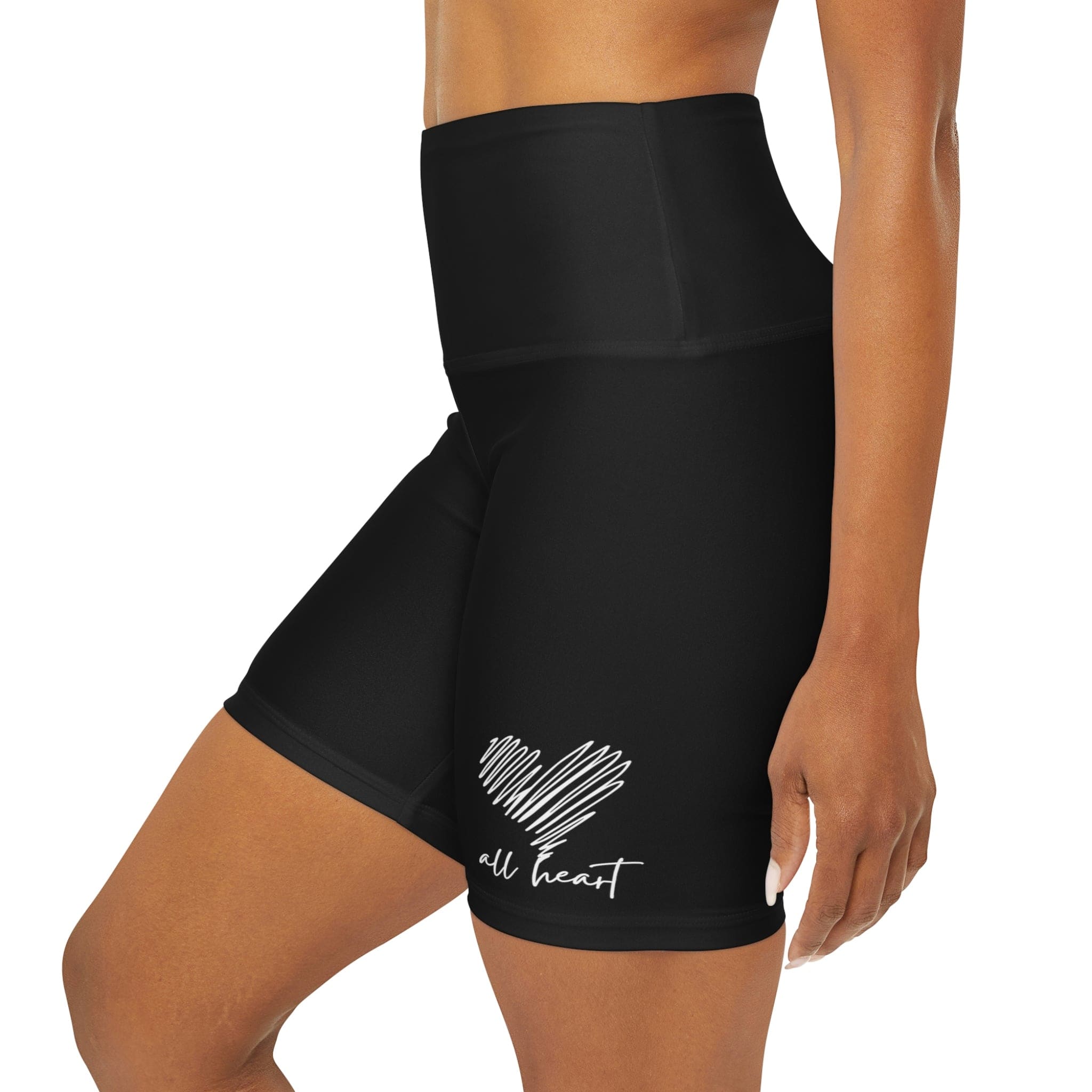 A pair of Women's High Waisted Black Yoga Shorts featuring a wide waistband and soft fabric, ideal for workouts and casual wear.