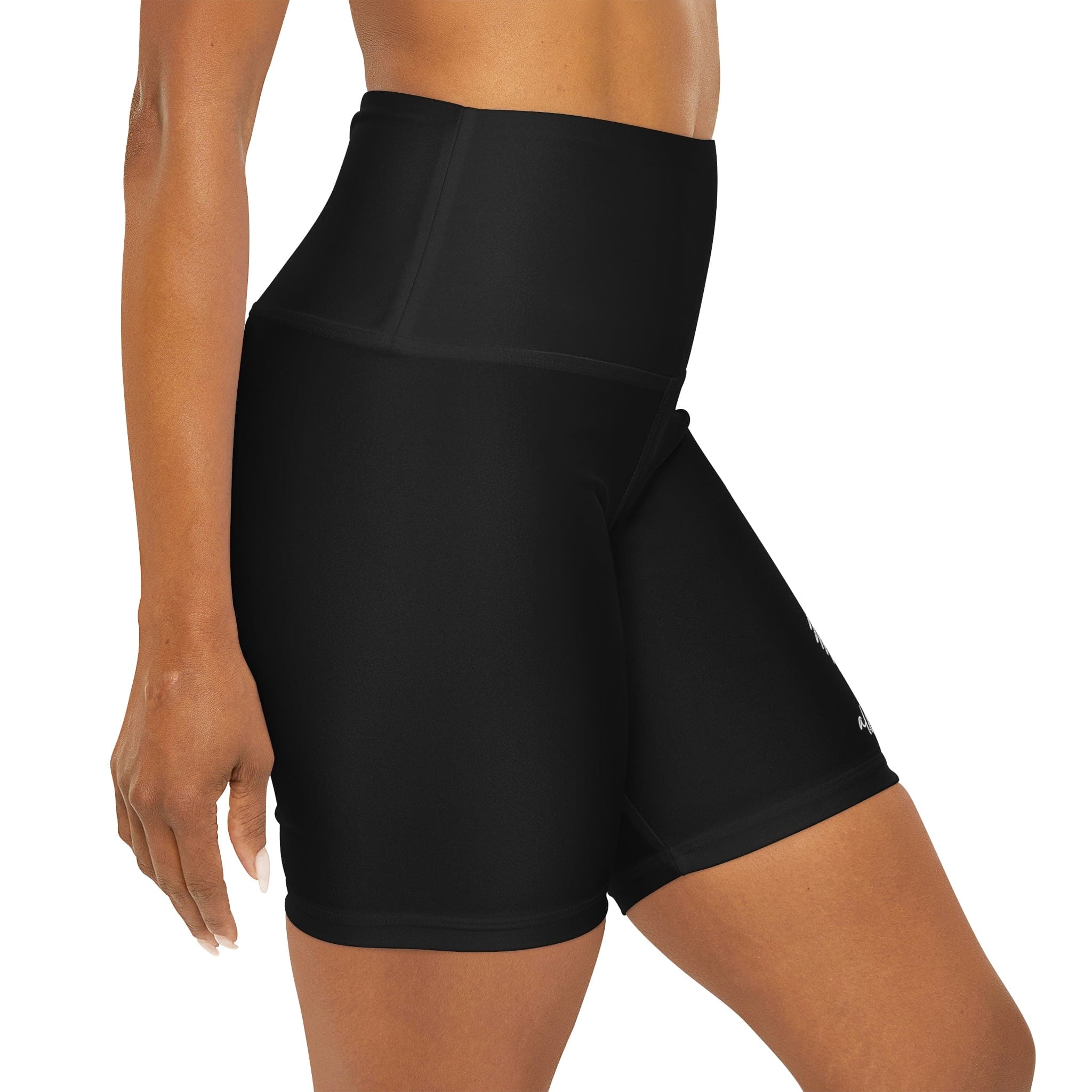 A pair of Women's High Waisted Black Yoga Shorts featuring a wide waistband and soft fabric, ideal for workouts and casual wear.