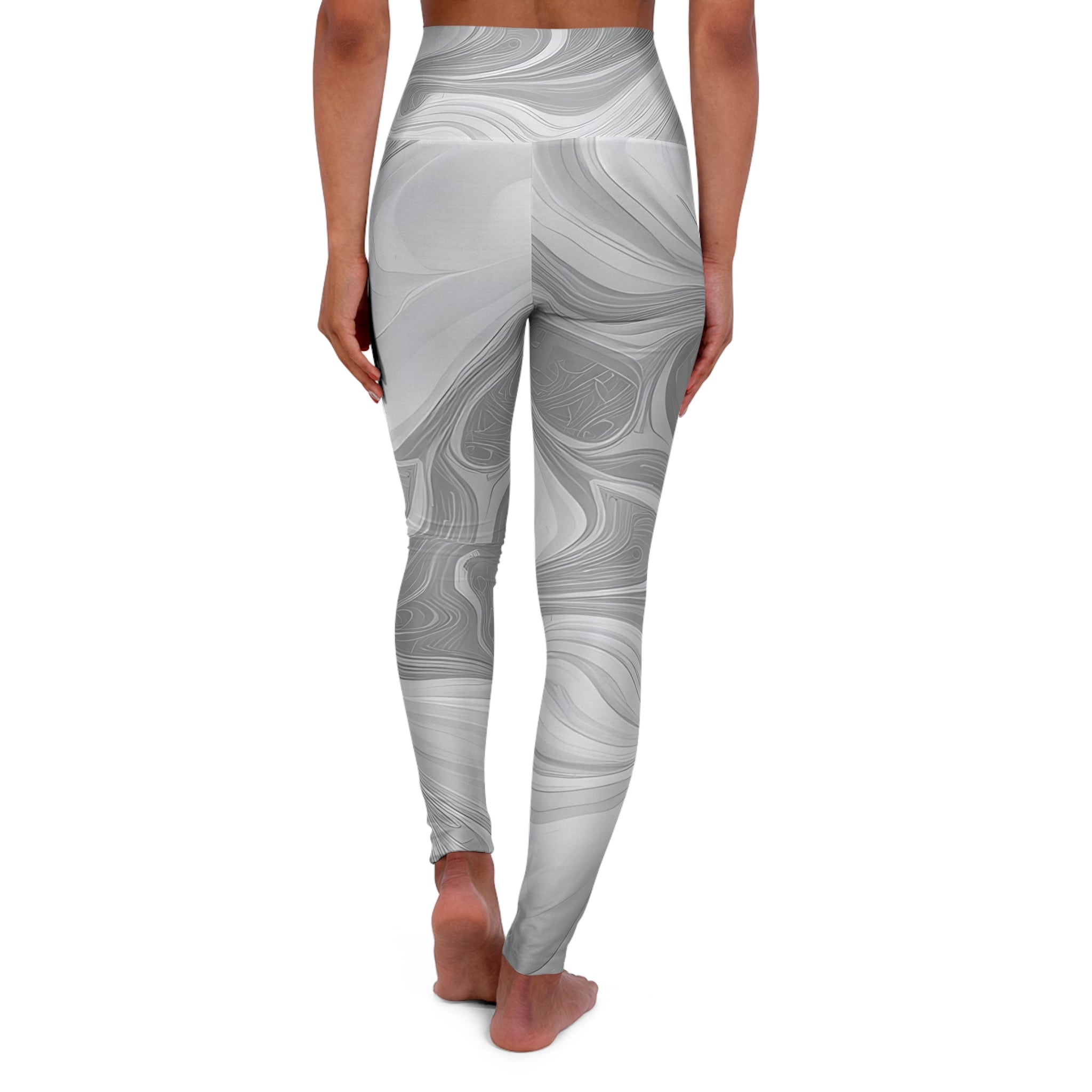 Women's high-waist fitness leggings in grey and white boho marble pattern, showcasing a stylish and comfortable design for workouts.