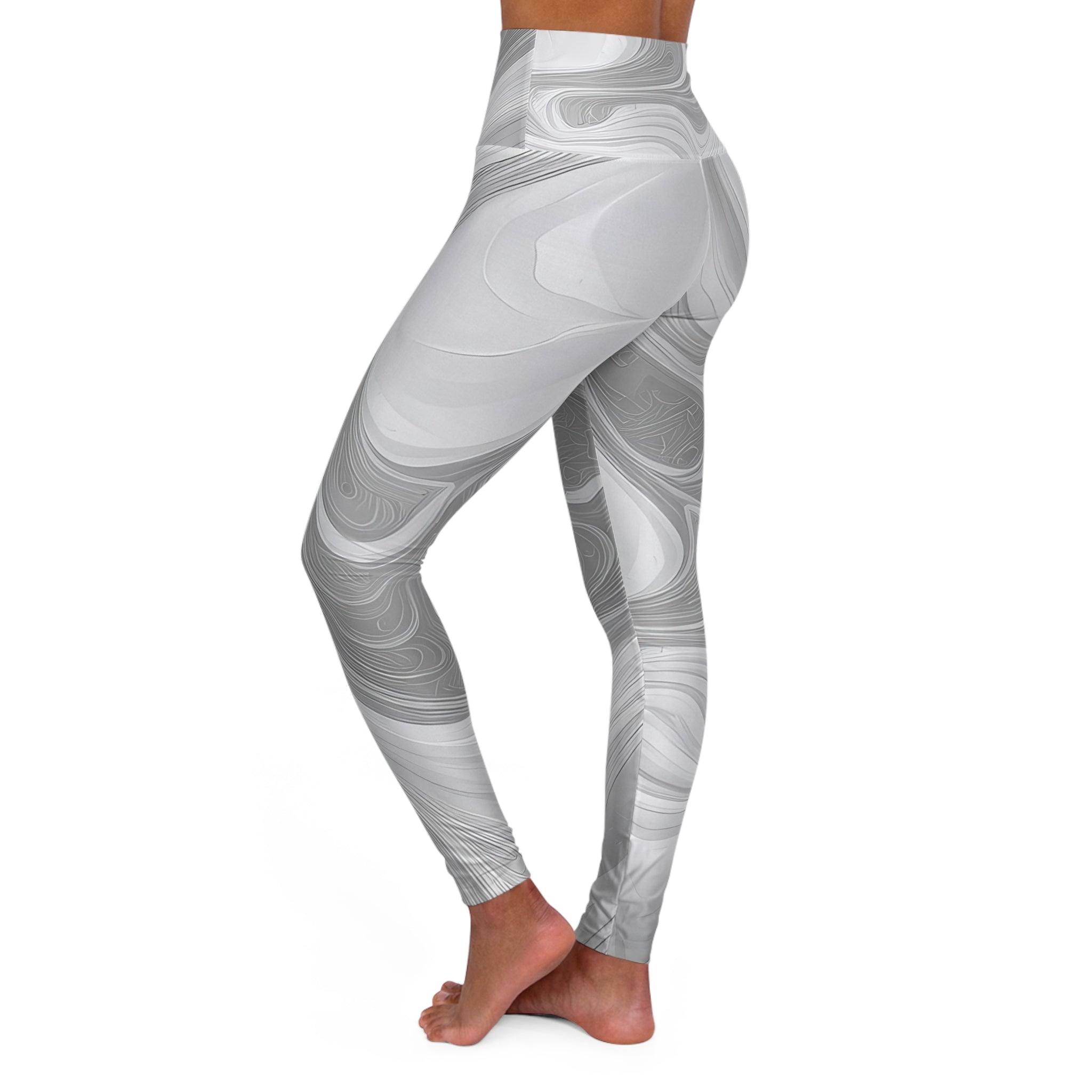 Women's high-waist fitness leggings in grey and white boho marble pattern, showcasing a stylish and comfortable design for workouts.