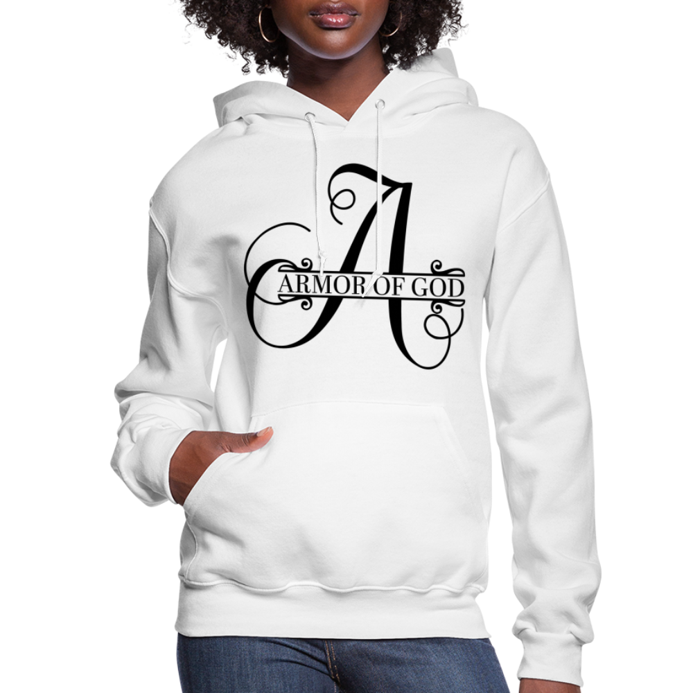 Women's Armor of God Hoodie in a stylish pullover design, featuring an adjustable drawstring hood and ribbed cuffs.