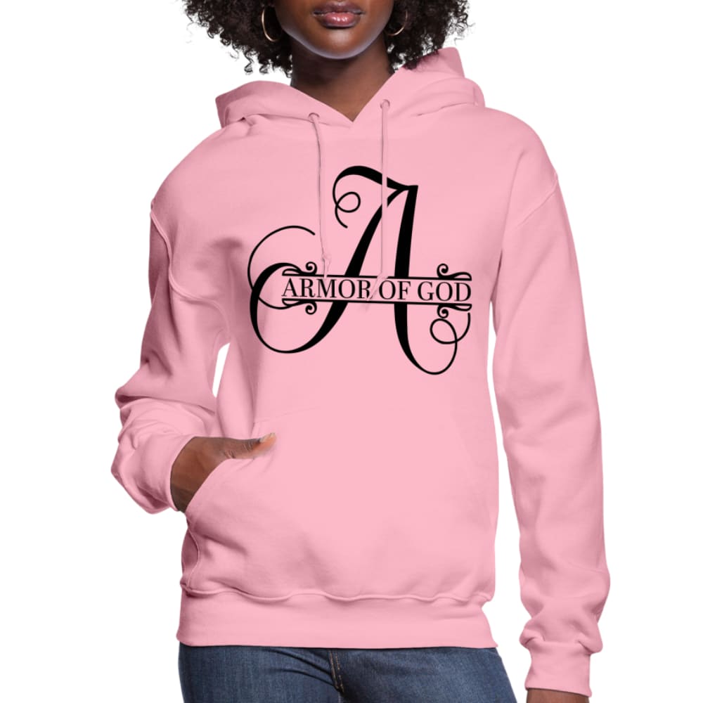 Women's Armor of God Hoodie in a stylish pullover design, featuring an adjustable drawstring hood and ribbed cuffs.