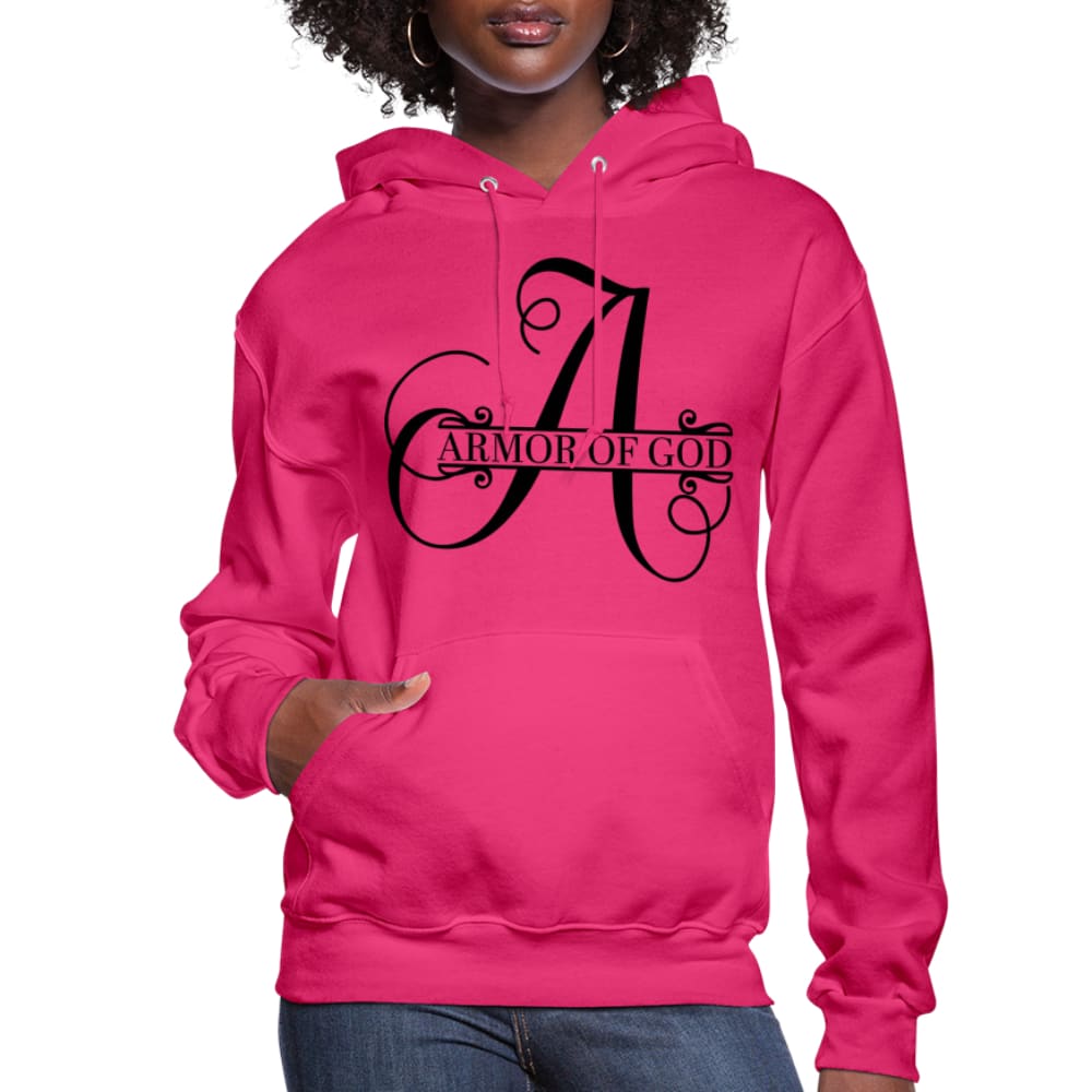 Women's Armor of God Hoodie in a stylish pullover design, featuring an adjustable drawstring hood and ribbed cuffs.