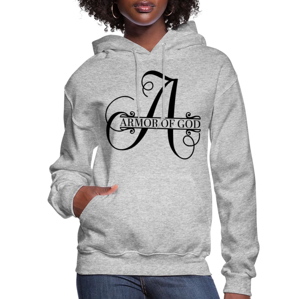 Women's Armor of God Hoodie in a stylish pullover design, featuring an adjustable drawstring hood and ribbed cuffs.