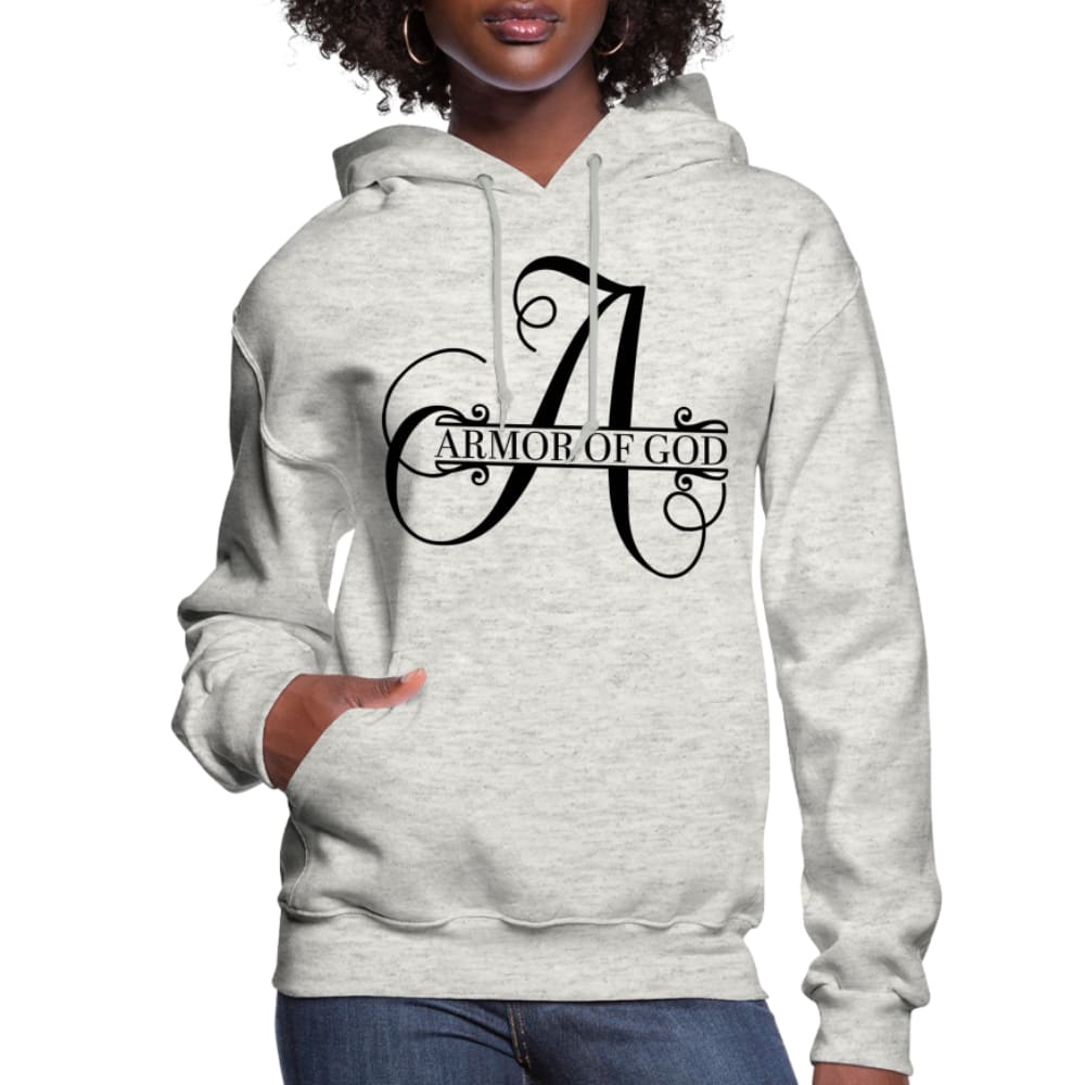 Women's Armor of God Hoodie in a stylish pullover design, featuring an adjustable drawstring hood and ribbed cuffs.