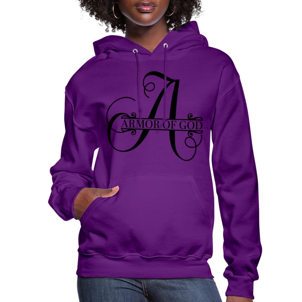 Women's Armor of God Hoodie in a stylish pullover design, featuring an adjustable drawstring hood and ribbed cuffs.