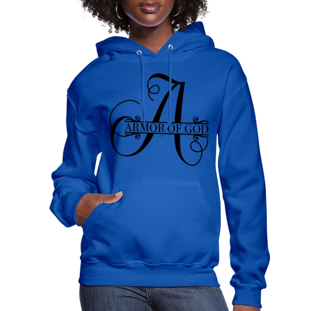 Women's Armor of God Hoodie in a stylish pullover design, featuring an adjustable drawstring hood and ribbed cuffs.