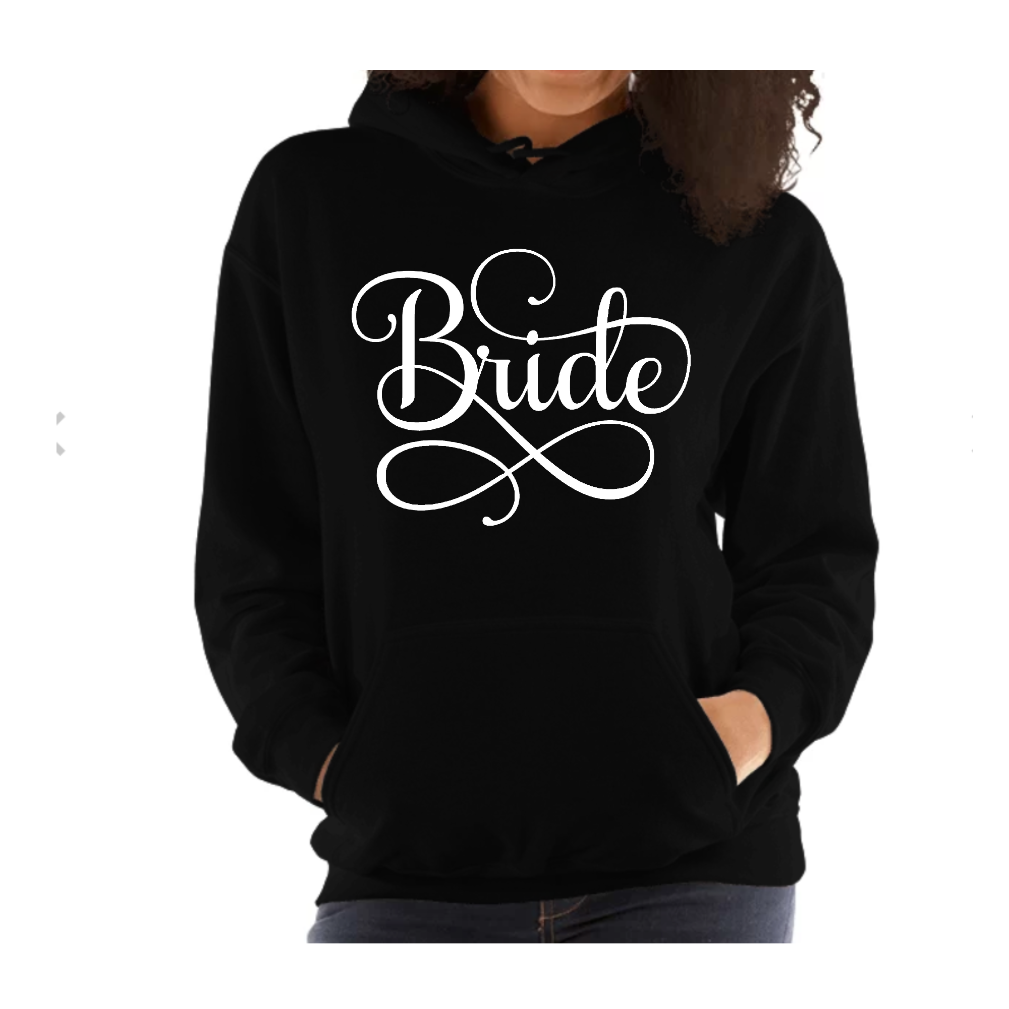 A stylish women's hoodie designed for brides, featuring a drawstring neckline and long sleeves, perfect for wedding celebrations.