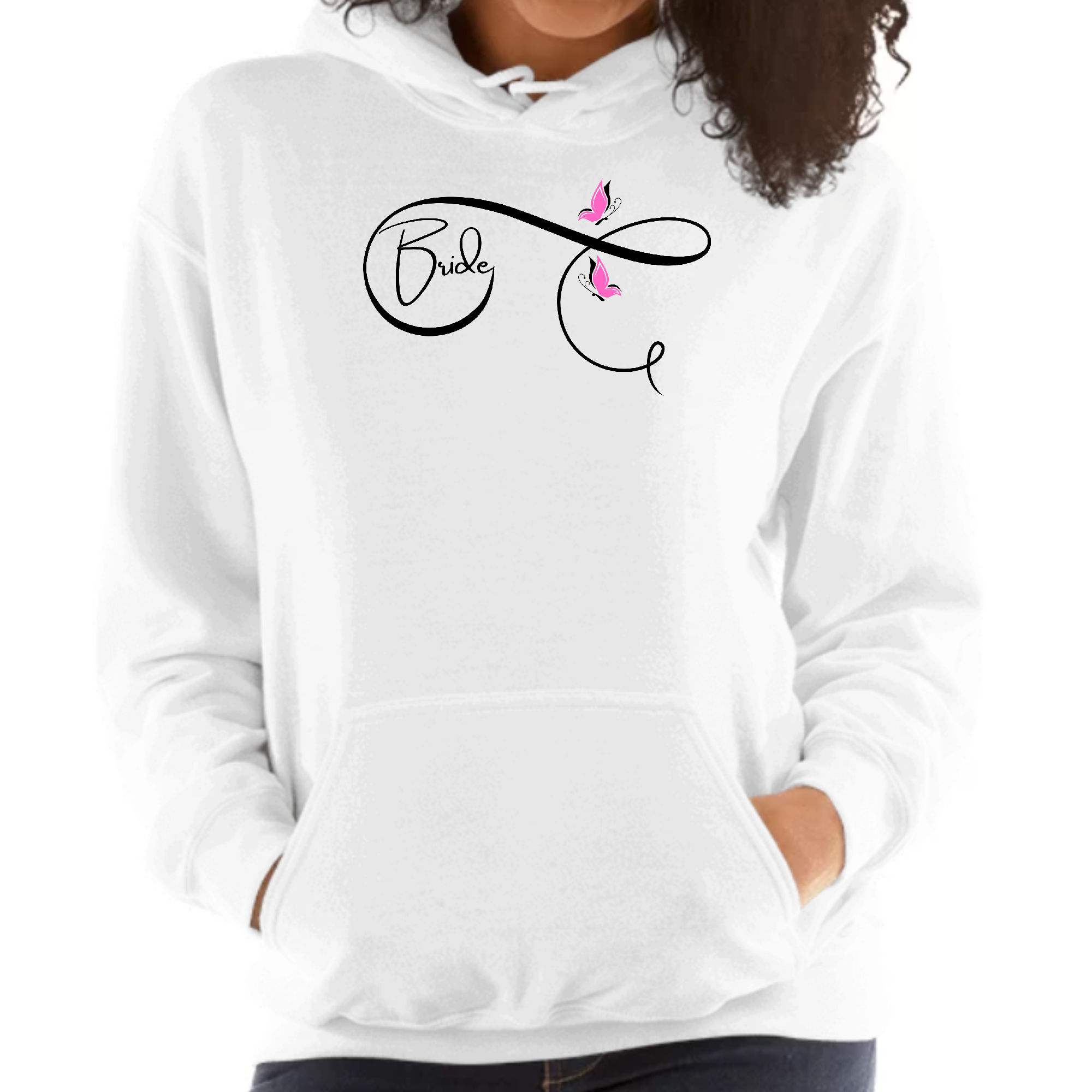 A stylish women's hoodie featuring a pink butterfly illustration, perfect for brides celebrating their wedding.