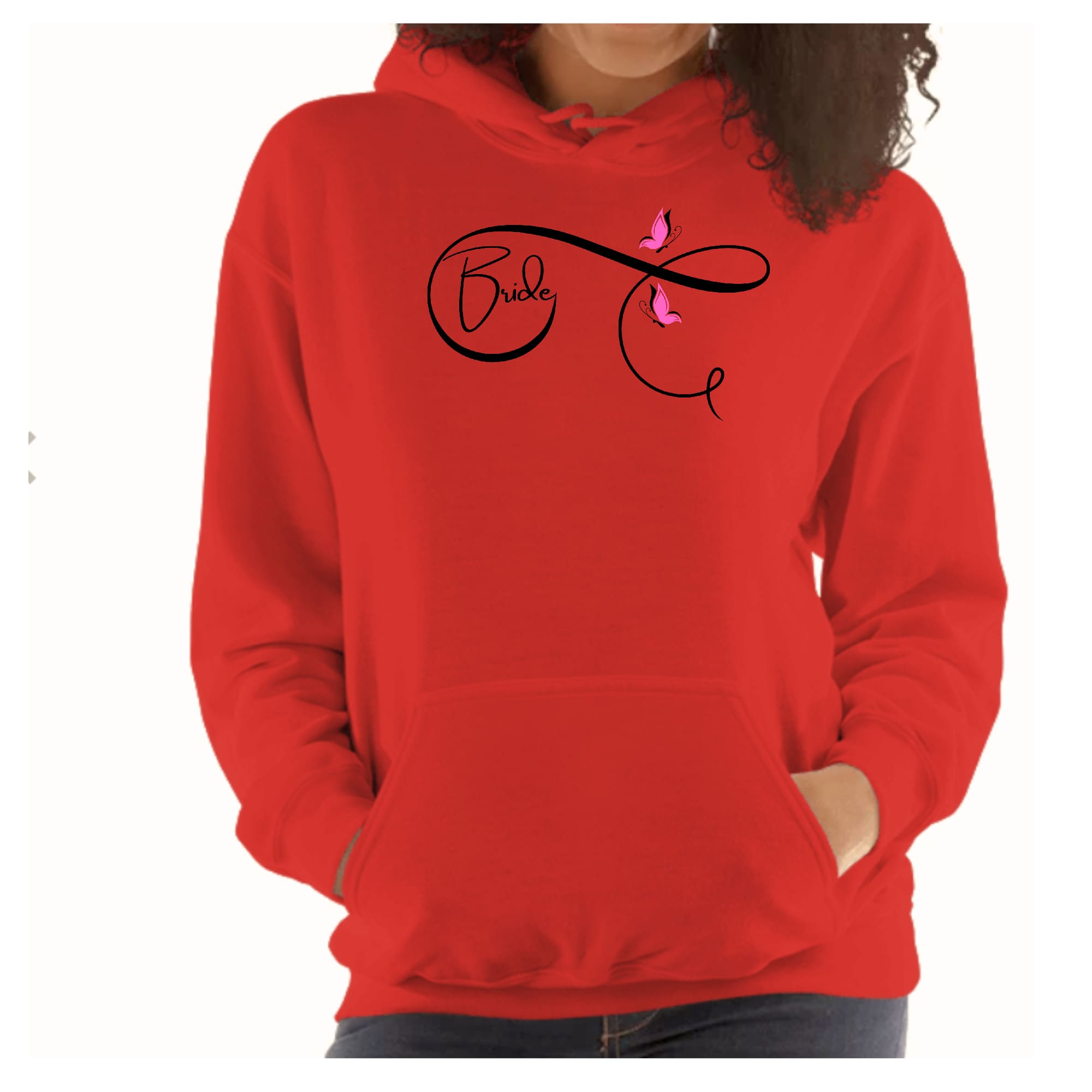 A stylish women's hoodie featuring a pink butterfly illustration, perfect for brides celebrating their wedding.