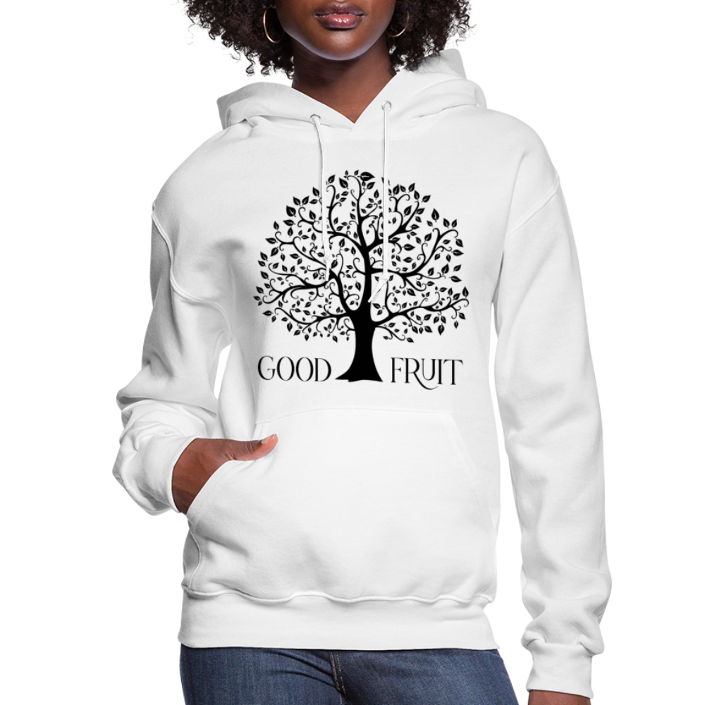 Women's hoodie with Good Fruit Tree of Life graphic, featuring a plush interior and adjustable drawstring hood.