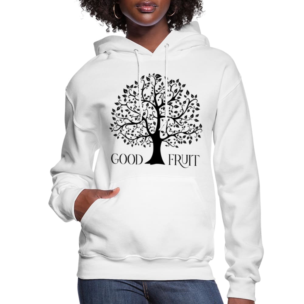 Women's hoodie with Good Fruit Tree of Life graphic, featuring a plush interior and adjustable drawstring hood.