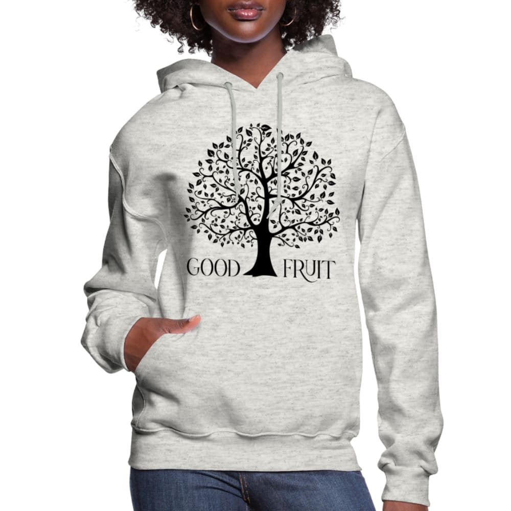 Women's hoodie with Good Fruit Tree of Life graphic, featuring a plush interior and adjustable drawstring hood.