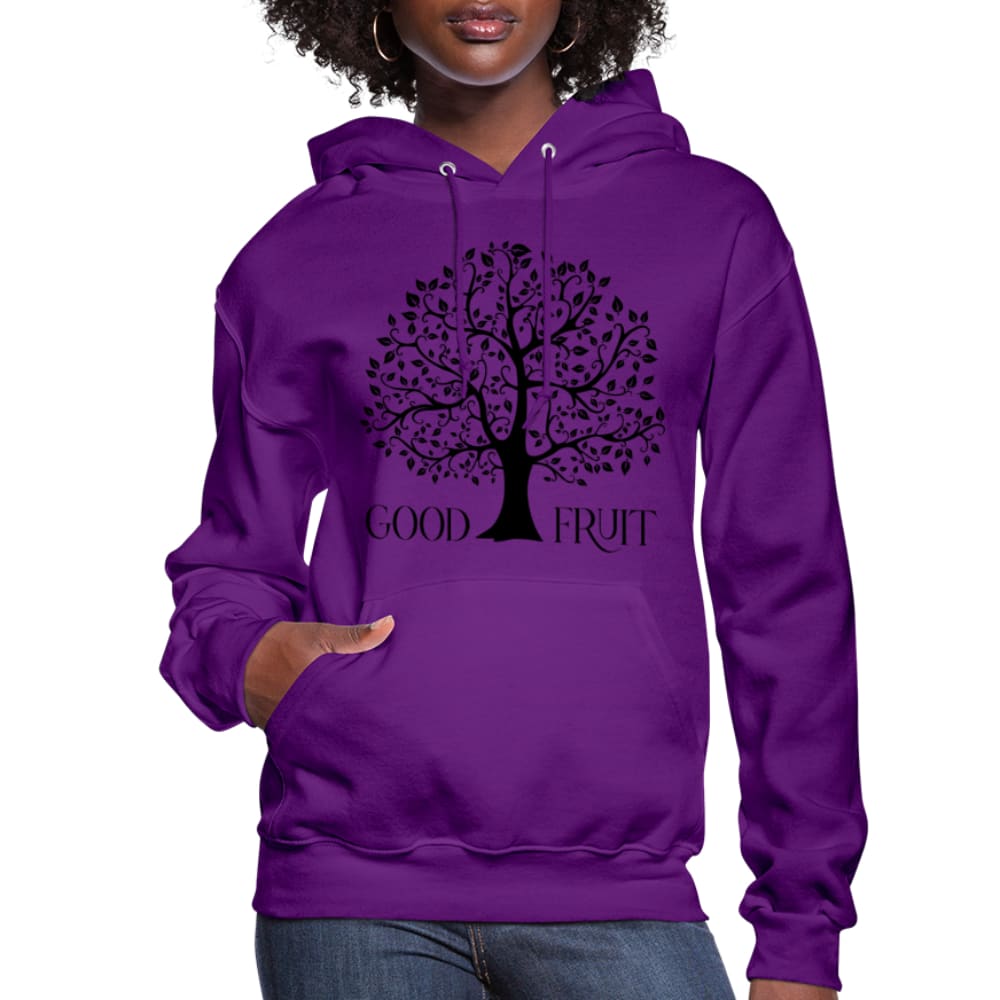 Women's hoodie with Good Fruit Tree of Life graphic, featuring a plush interior and adjustable drawstring hood.