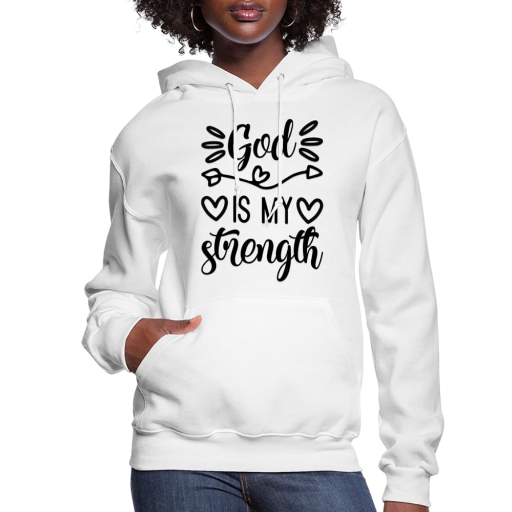 Black Women's Hoodie with 'God is my Strength' printed design, featuring a drawstring hood and ribbed cuffs.