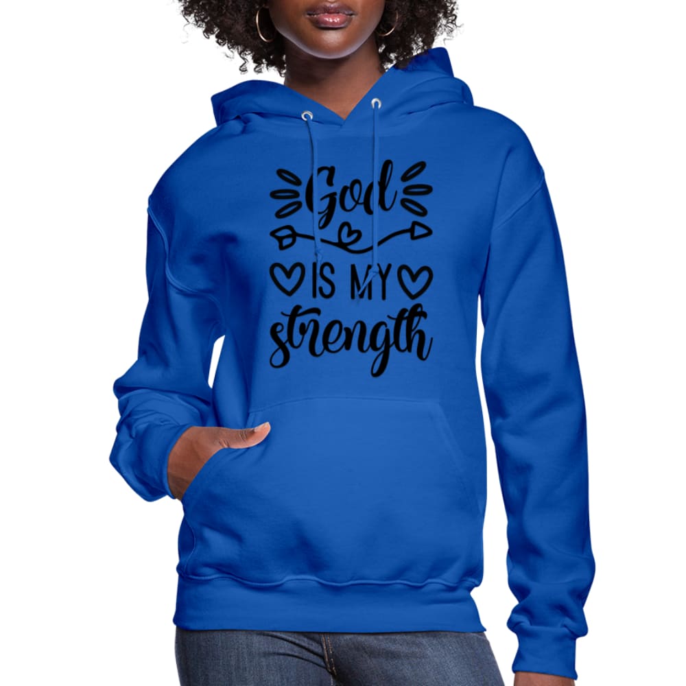 Black Women's Hoodie with 'God is my Strength' printed design, featuring a drawstring hood and ribbed cuffs.